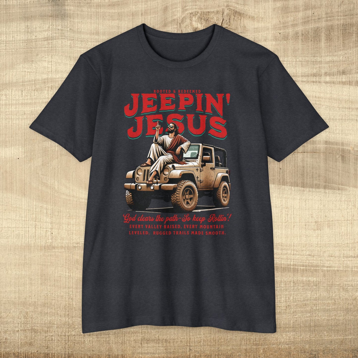 Front image only-Jeepin' with Jesus Unisex Jersey T-Shirt, Inspirational Faith T-Shirt, Christian Adventure Tee, Perfect for Road Trips and Holidays