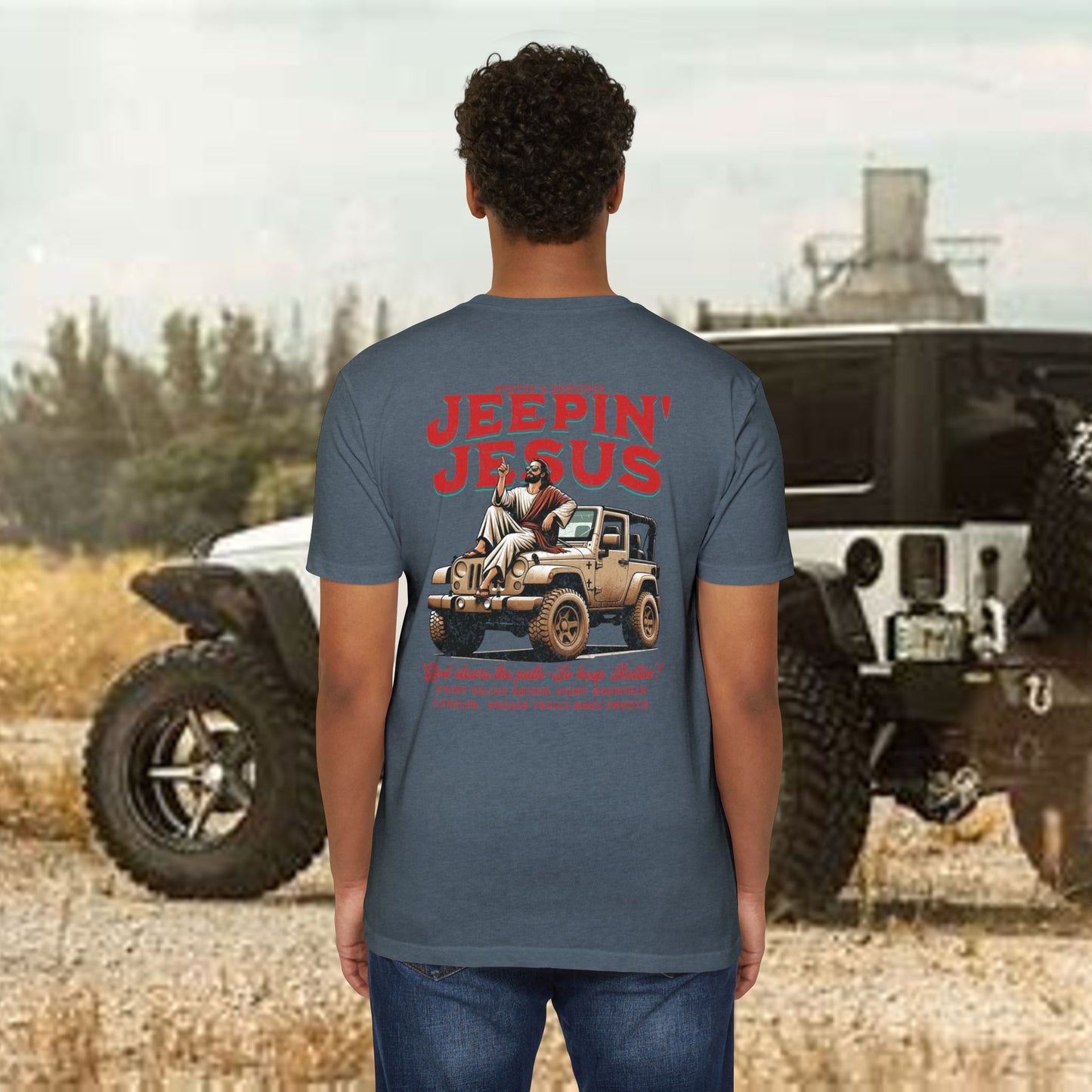 Jeepin' with Jesus Unisex Jersey T-Shirt, Inspirational Faith T-Shirt, Christian Adventure Tee, Perfect for Road Trips and Holidays