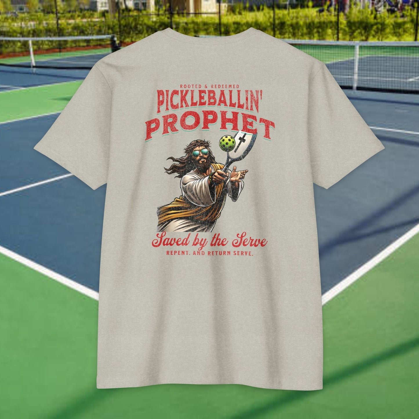 Pickleballin’ with Jesus Tee Back – Funny Christian T-Shirt – Next Level 6210