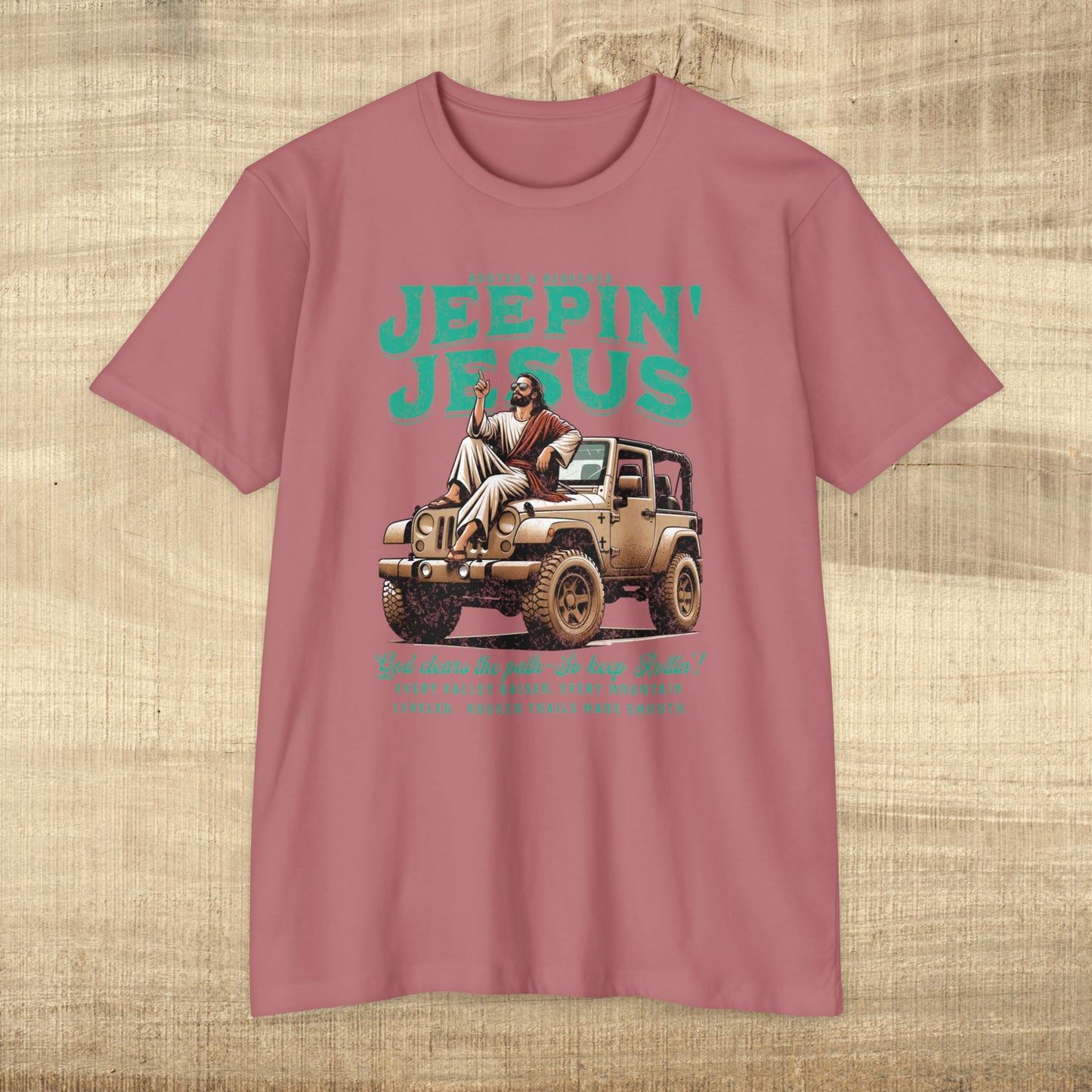Front image only-Jeepin' with Jesus Unisex Jersey T-Shirt, Inspirational Faith T-Shirt, Christian Adventure Tee, Perfect for Road Trips and Holidays
