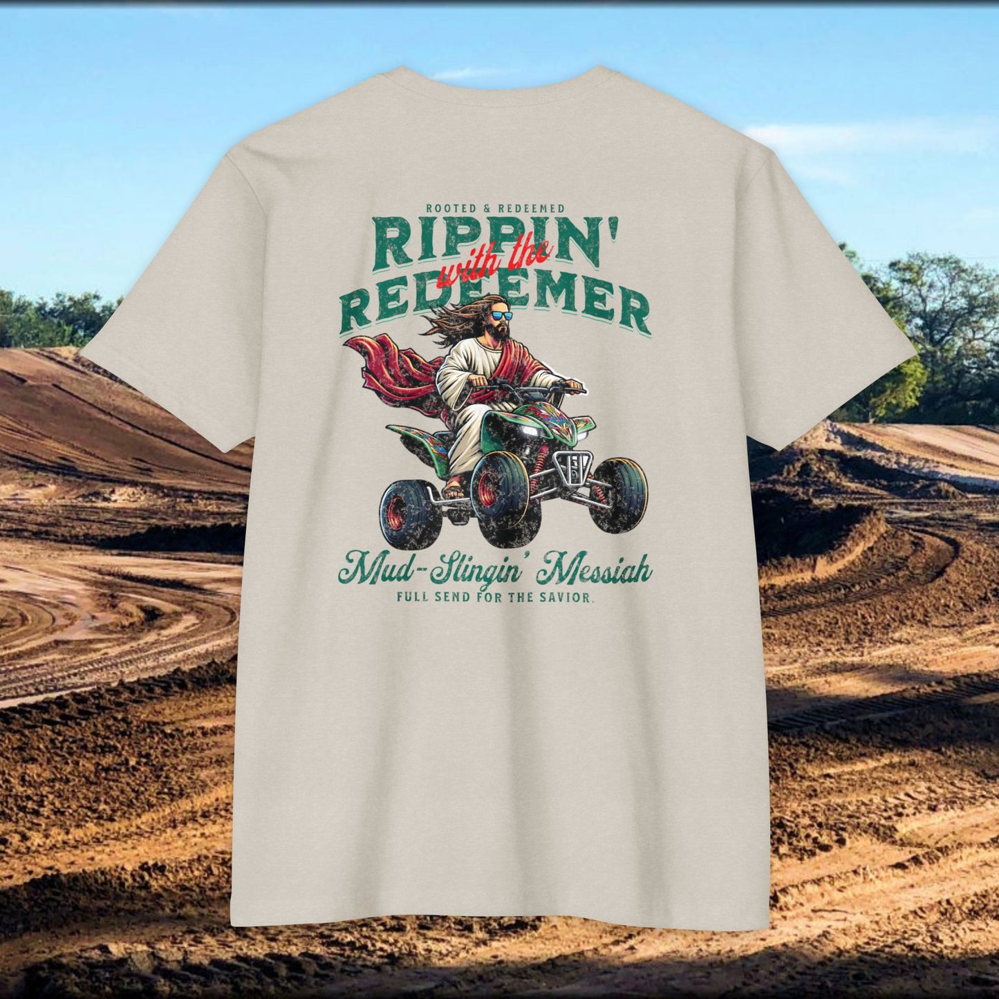 Rippin' Redeemer, ATV Racing, Quad, 4-wheeler, Jesus, Unisex CVC Jersey T-Shirt - Mud Slingin' Messiah Design