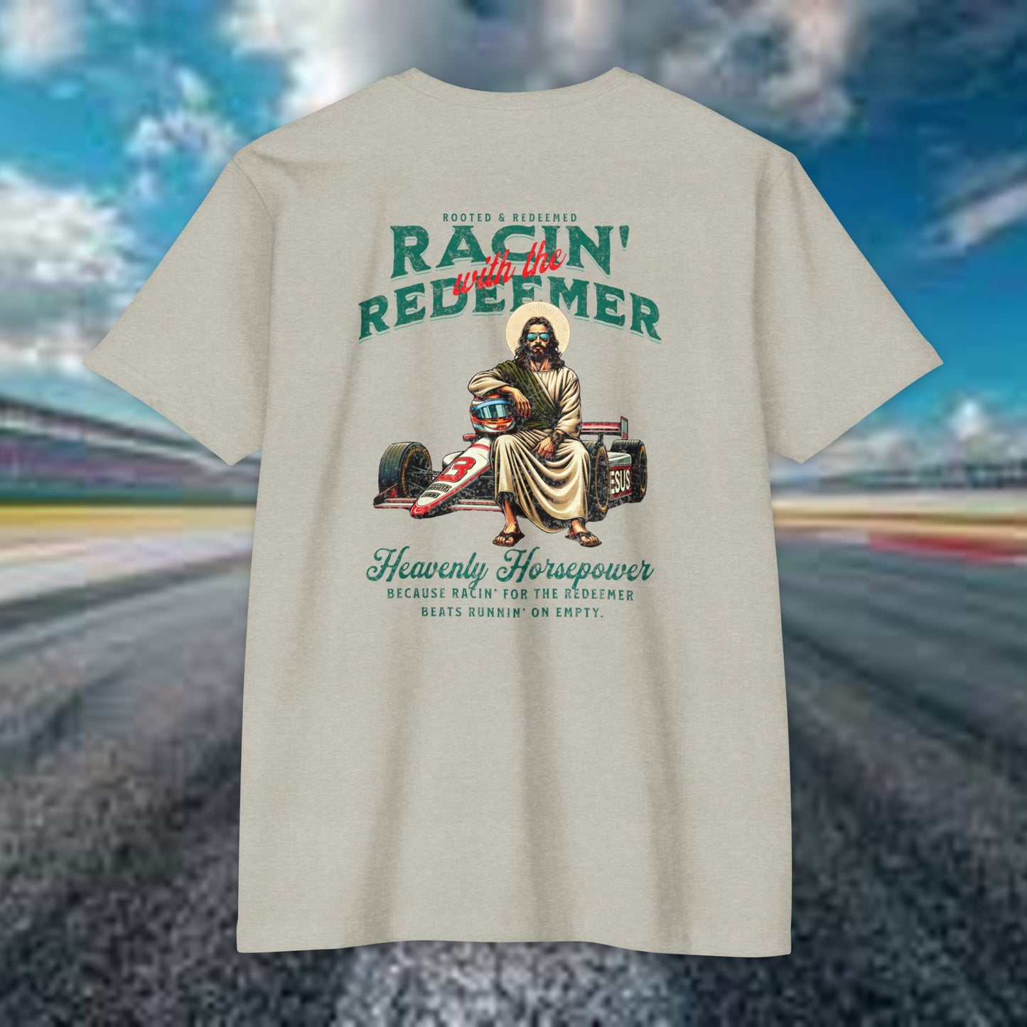INDY CAR Racing Redeemer T-Shirt, Unisex Graphic Tee for Race Lovers, Gifts for Car Enthusiasts, Retro Racing Apparel, Spiritual Racing Shirt