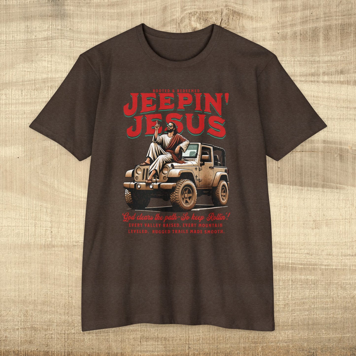 Front image only-Jeepin' with Jesus Unisex Jersey T-Shirt, Inspirational Faith T-Shirt, Christian Adventure Tee, Perfect for Road Trips and Holidays