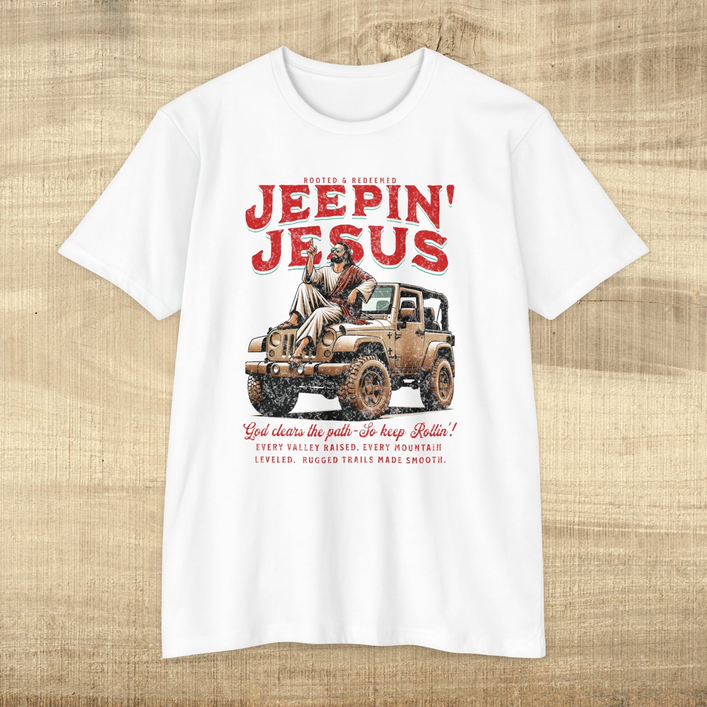 Front image only-Jeepin' with Jesus Unisex Jersey T-Shirt, Inspirational Faith T-Shirt, Christian Adventure Tee, Perfect for Road Trips and Holidays