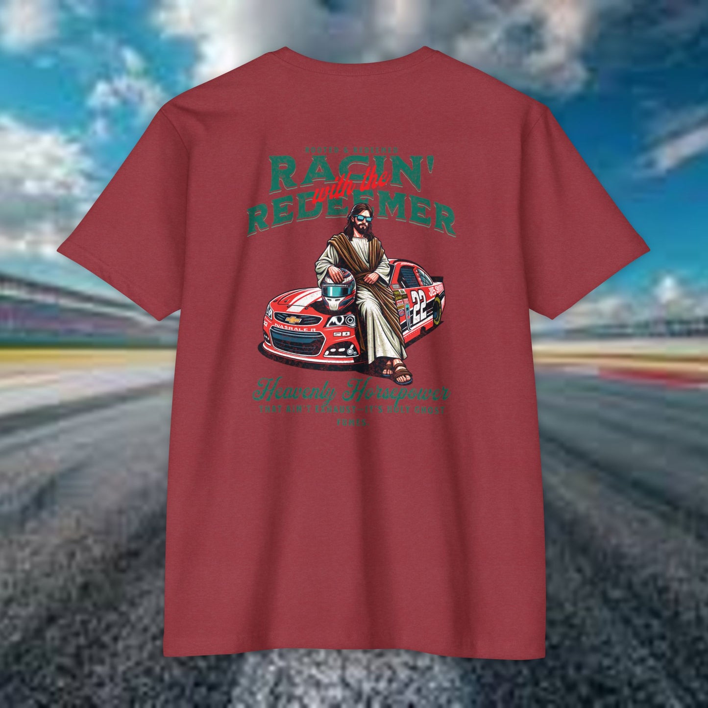 NASCAR Racing Redeemer T-Shirt Indy Car, Unisex Graphic Tee for Race Lovers, Car Enthusiasts,Racing Apparel, Spiritual Racing Shirt