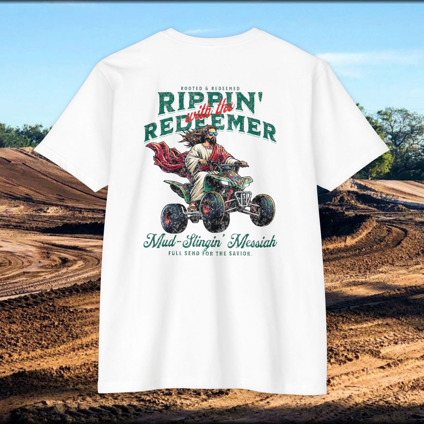 Rippin' Redeemer, ATV Racing, Quad, 4-wheeler, Jesus, Unisex CVC Jersey T-Shirt - Mud Slingin' Messiah Design