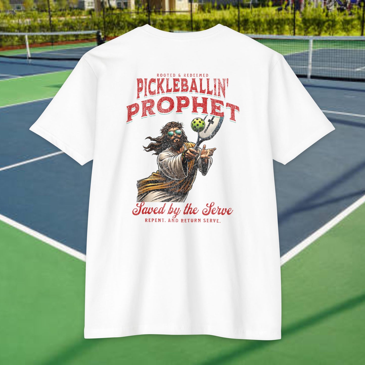 Pickleballin’ with Jesus Tee Back – Funny Christian T-Shirt – Next Level 6210