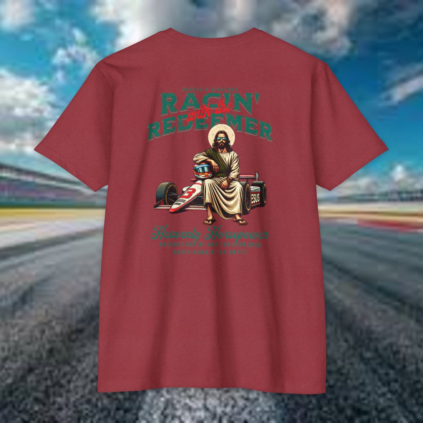 INDY CAR Racing Redeemer T-Shirt, Unisex Graphic Tee for Race Lovers, Gifts for Car Enthusiasts, Retro Racing Apparel, Spiritual Racing Shirt