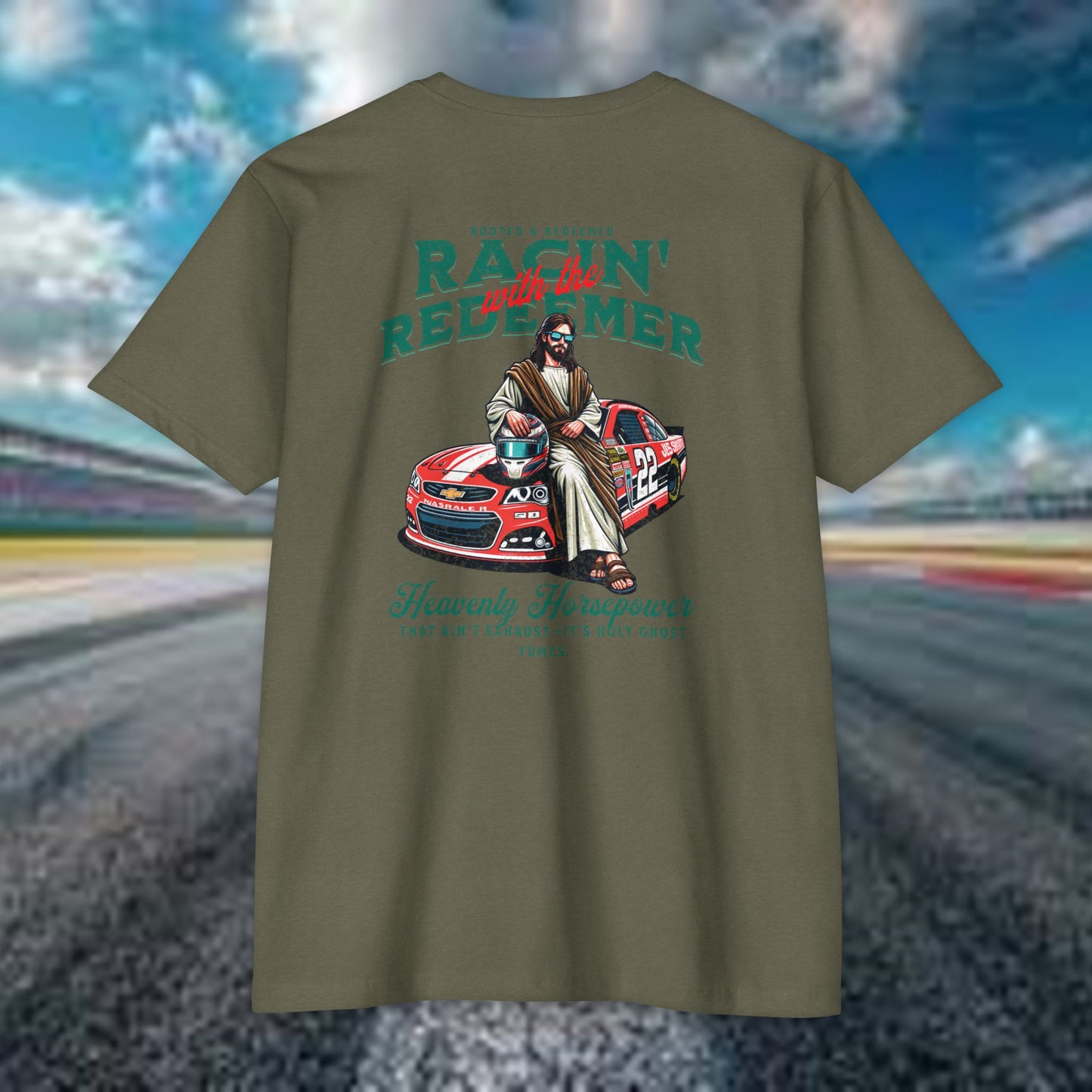 NASCAR Racing Redeemer T-Shirt Indy Car, Unisex Graphic Tee for Race Lovers, Car Enthusiasts,Racing Apparel, Spiritual Racing Shirt