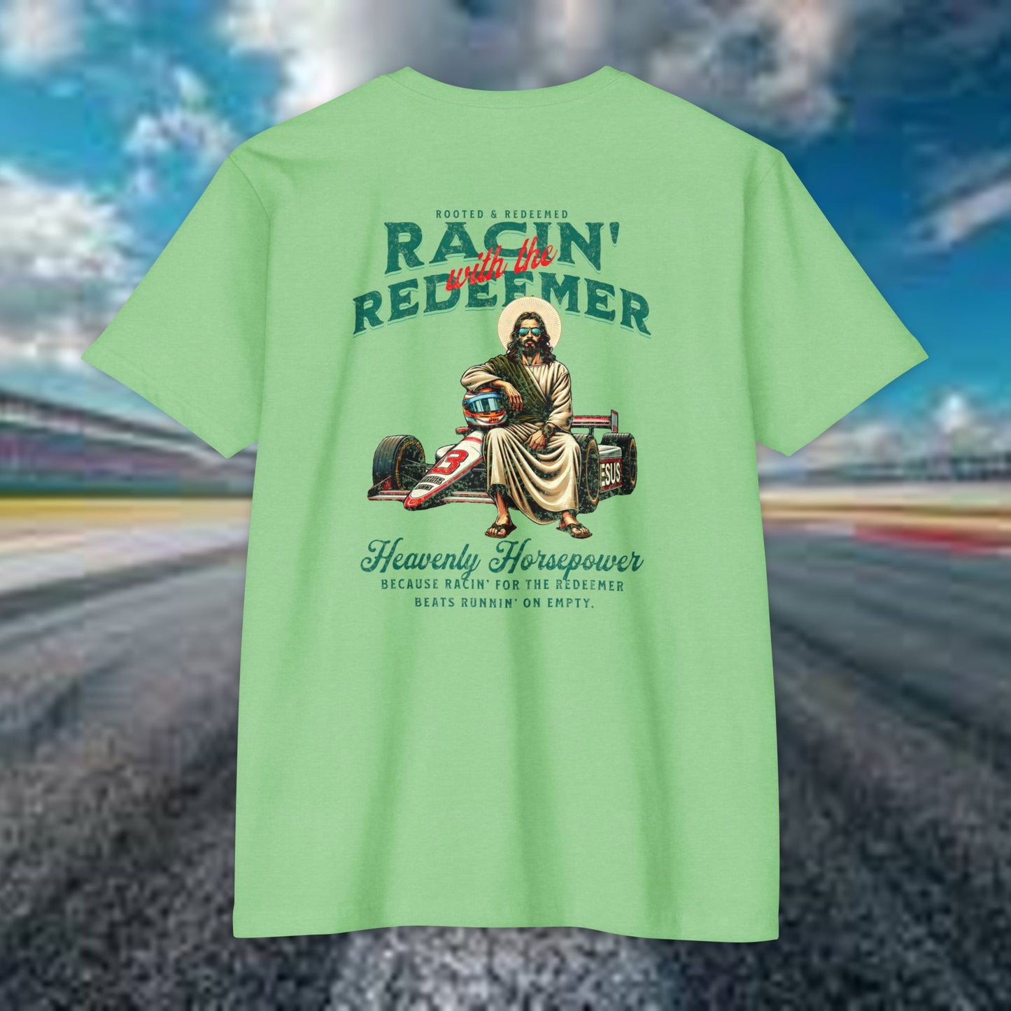 INDY CAR Racing Redeemer T-Shirt, Unisex Graphic Tee for Race Lovers, Gifts for Car Enthusiasts, Retro Racing Apparel, Spiritual Racing Shirt
