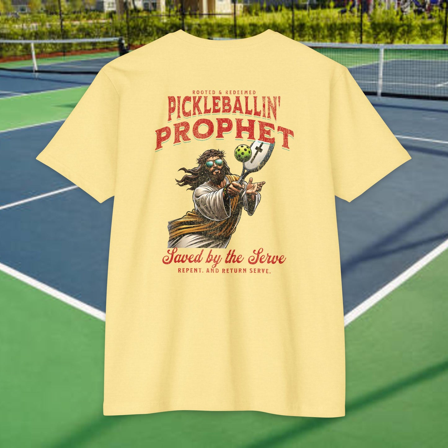 Pickleballin’ with Jesus Tee Back – Funny Christian T-Shirt – Next Level 6210