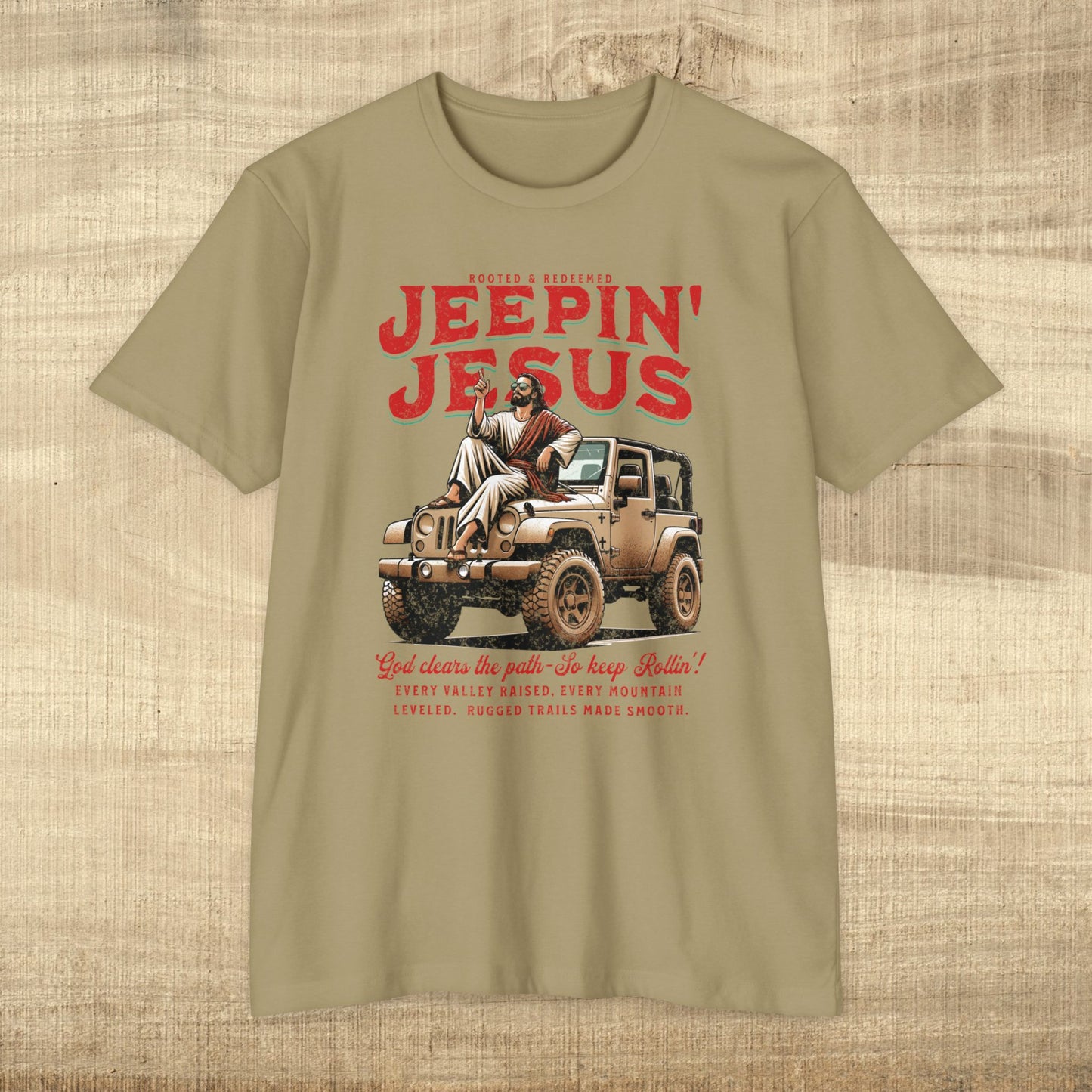 Front image only-Jeepin' with Jesus Unisex Jersey T-Shirt, Inspirational Faith T-Shirt, Christian Adventure Tee, Perfect for Road Trips and Holidays