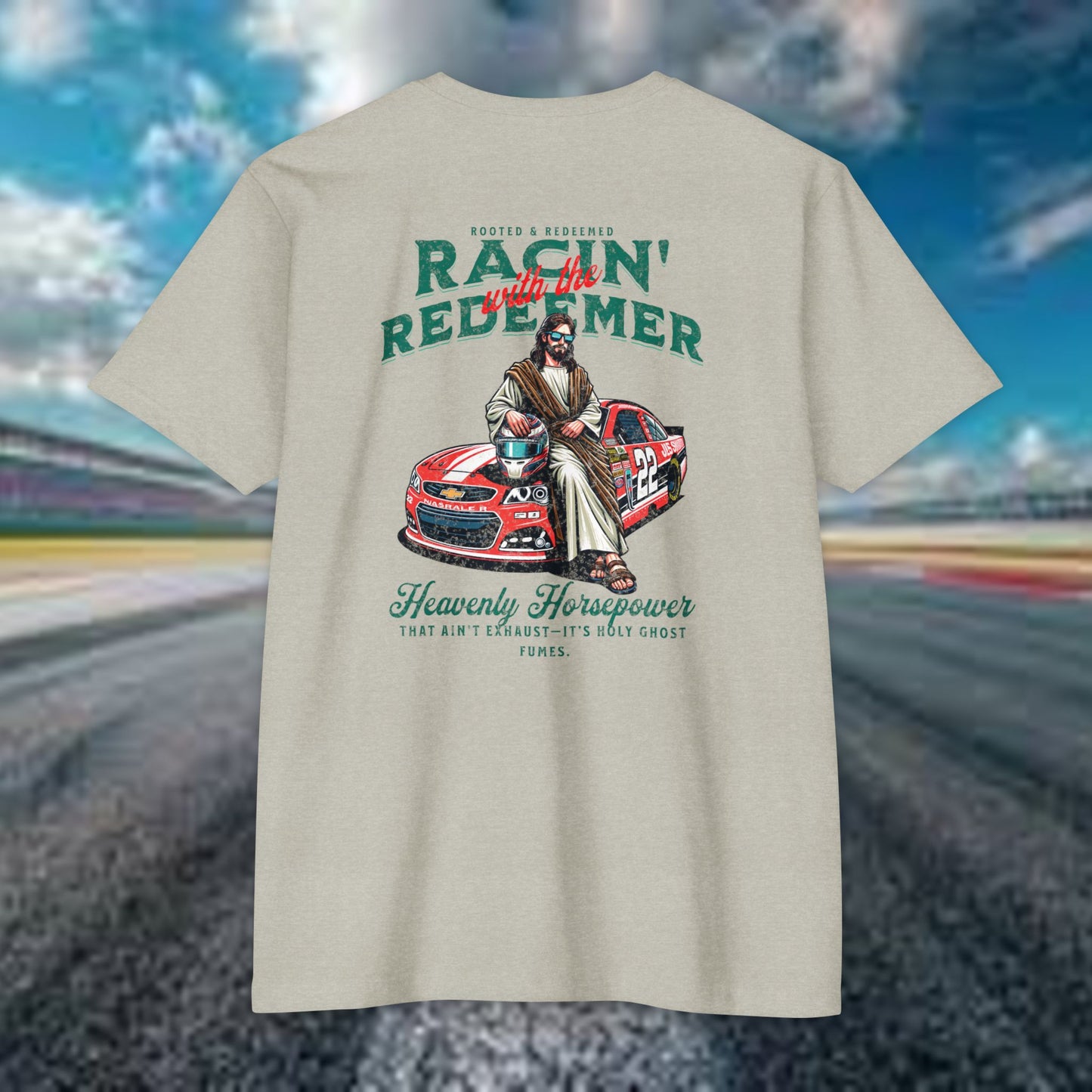 NASCAR Racing Redeemer T-Shirt Indy Car, Unisex Graphic Tee for Race Lovers, Car Enthusiasts,Racing Apparel, Spiritual Racing Shirt