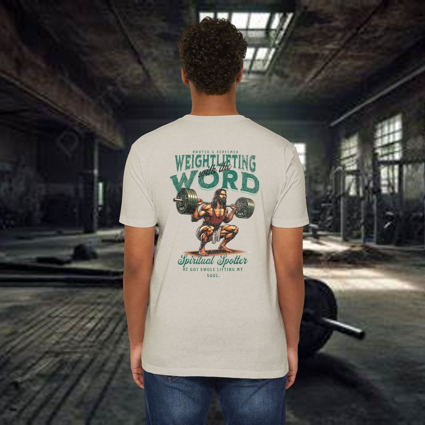 "Weightlifting with the Word" β Spiritual Spotter Tee (Next Level 6210)