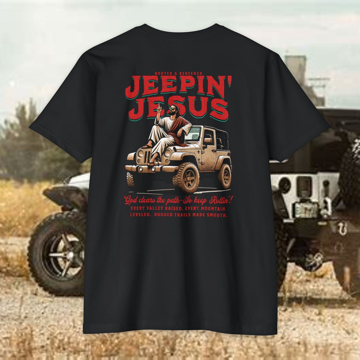 Jeepin' with Jesus Unisex Jersey T-Shirt, Inspirational Faith T-Shirt, Christian Adventure Tee, Perfect for Road Trips and Holidays