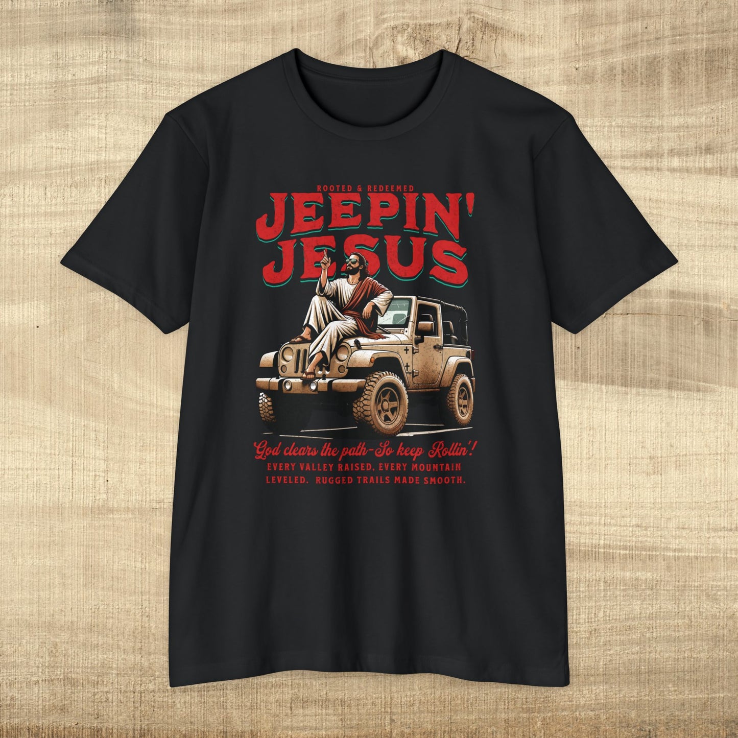 Front image only-Jeepin' with Jesus Unisex Jersey T-Shirt, Inspirational Faith T-Shirt, Christian Adventure Tee, Perfect for Road Trips and Holidays