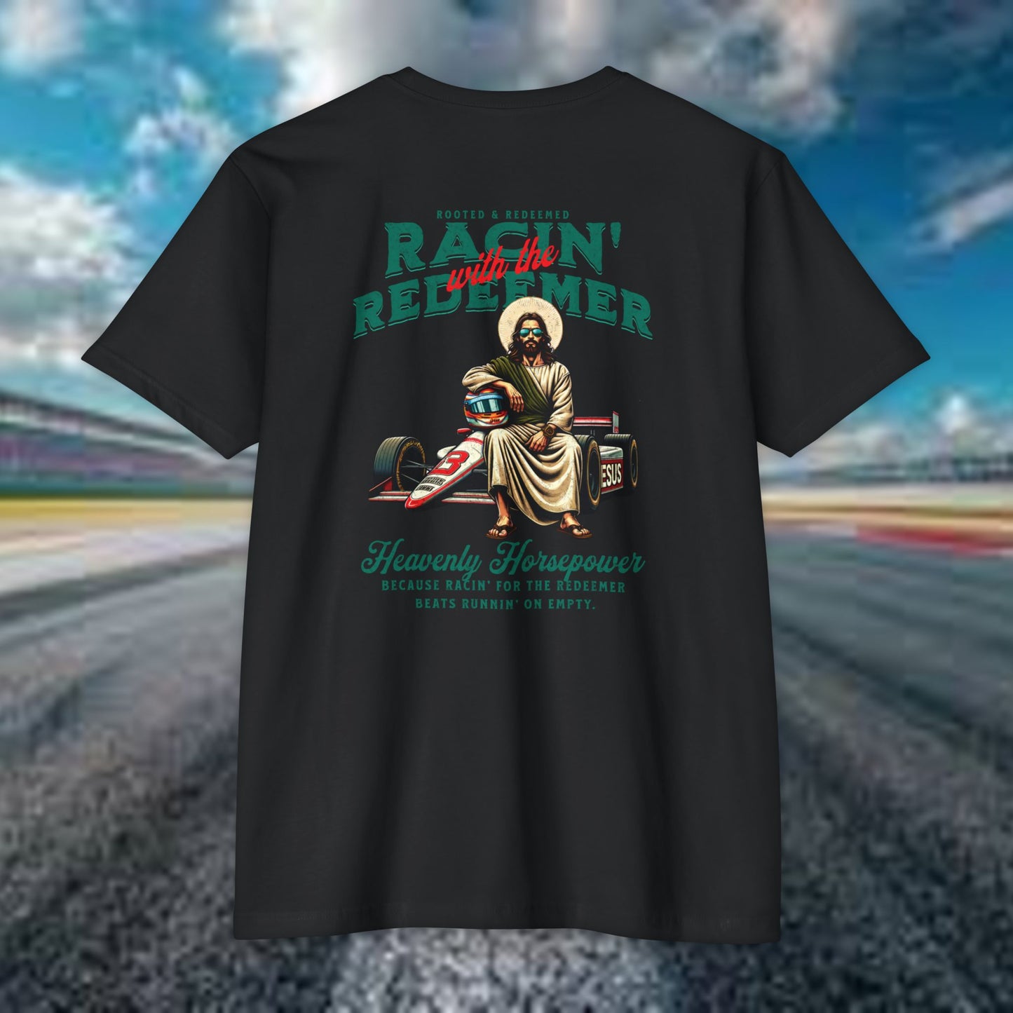 INDY CAR Racing Redeemer T-Shirt, Unisex Graphic Tee for Race Lovers, Gifts for Car Enthusiasts, Retro Racing Apparel, Spiritual Racing Shirt