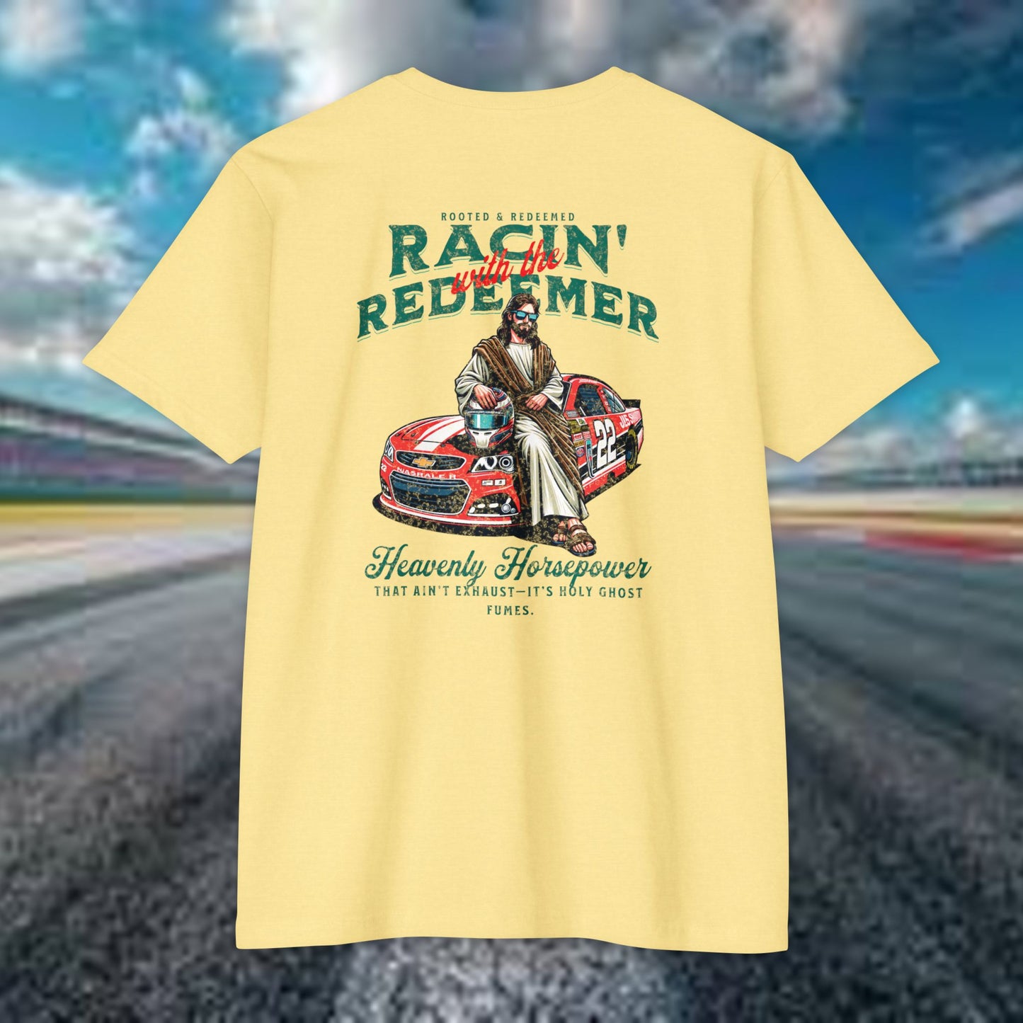 NASCAR Racing Redeemer T-Shirt Indy Car, Unisex Graphic Tee for Race Lovers, Car Enthusiasts,Racing Apparel, Spiritual Racing Shirt