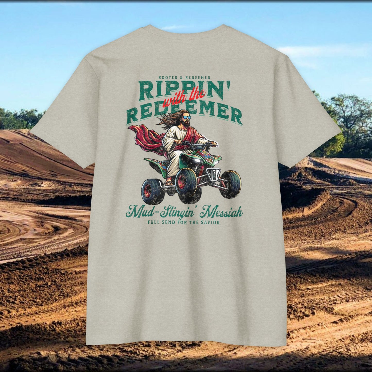 Rippin' Redeemer,  ATV Racing,  Quad, 4-wheeler, Jesus, Unisex CVC Jersey T-Shirt - Mud Slingin' Messiah Design
