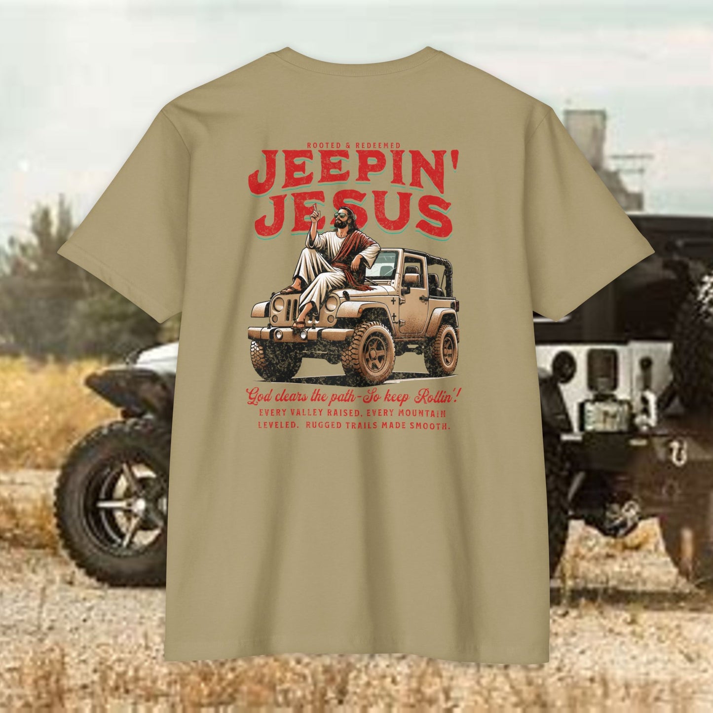 Jeepin' with Jesus Unisex Jersey T-Shirt, Inspirational Faith T-Shirt, Christian Adventure Tee, Perfect for Road Trips and Holidays