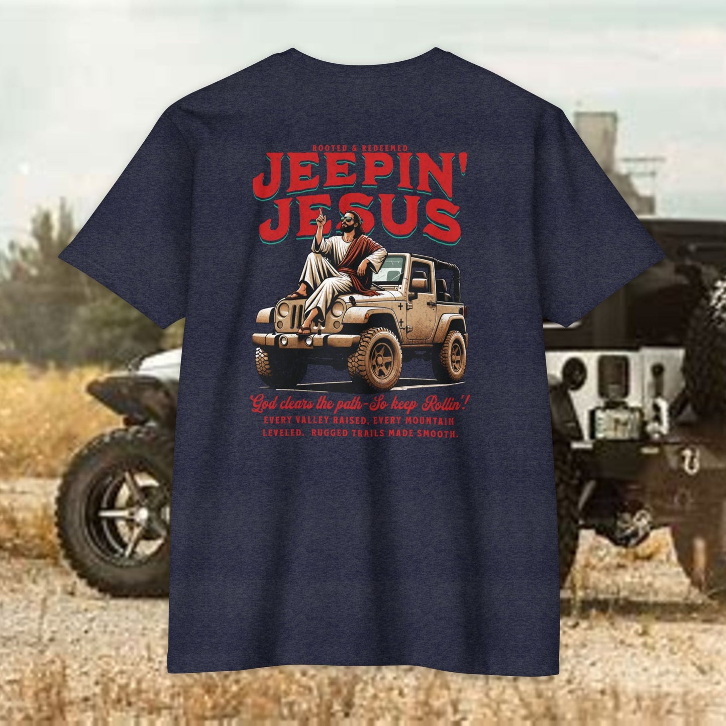Jeepin' with Jesus Unisex Jersey T-Shirt, Inspirational Faith T-Shirt, Christian Adventure Tee, Perfect for Road Trips and Holidays