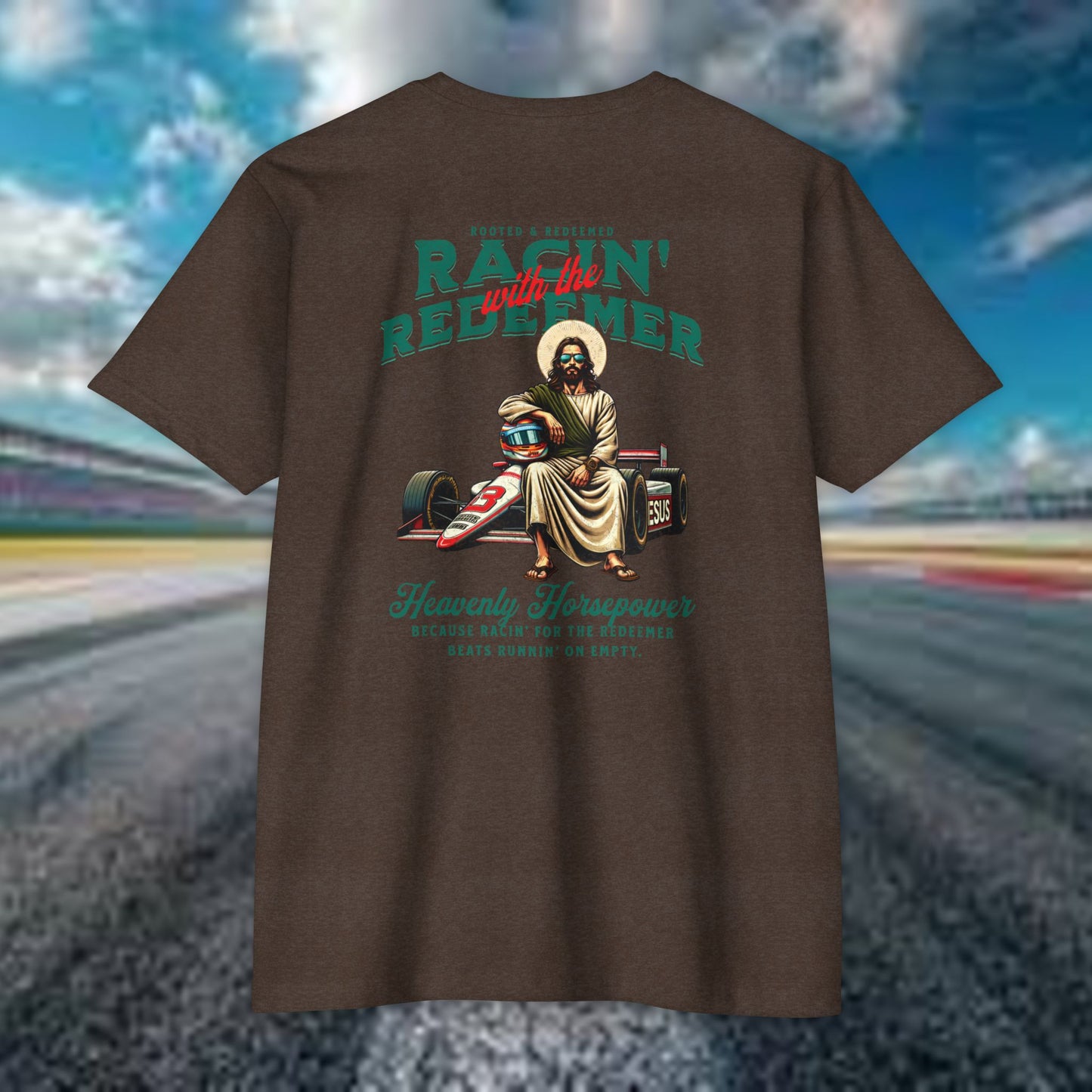 INDY CAR Racing Redeemer T-Shirt, Unisex Graphic Tee for Race Lovers, Gifts for Car Enthusiasts, Retro Racing Apparel, Spiritual Racing Shirt