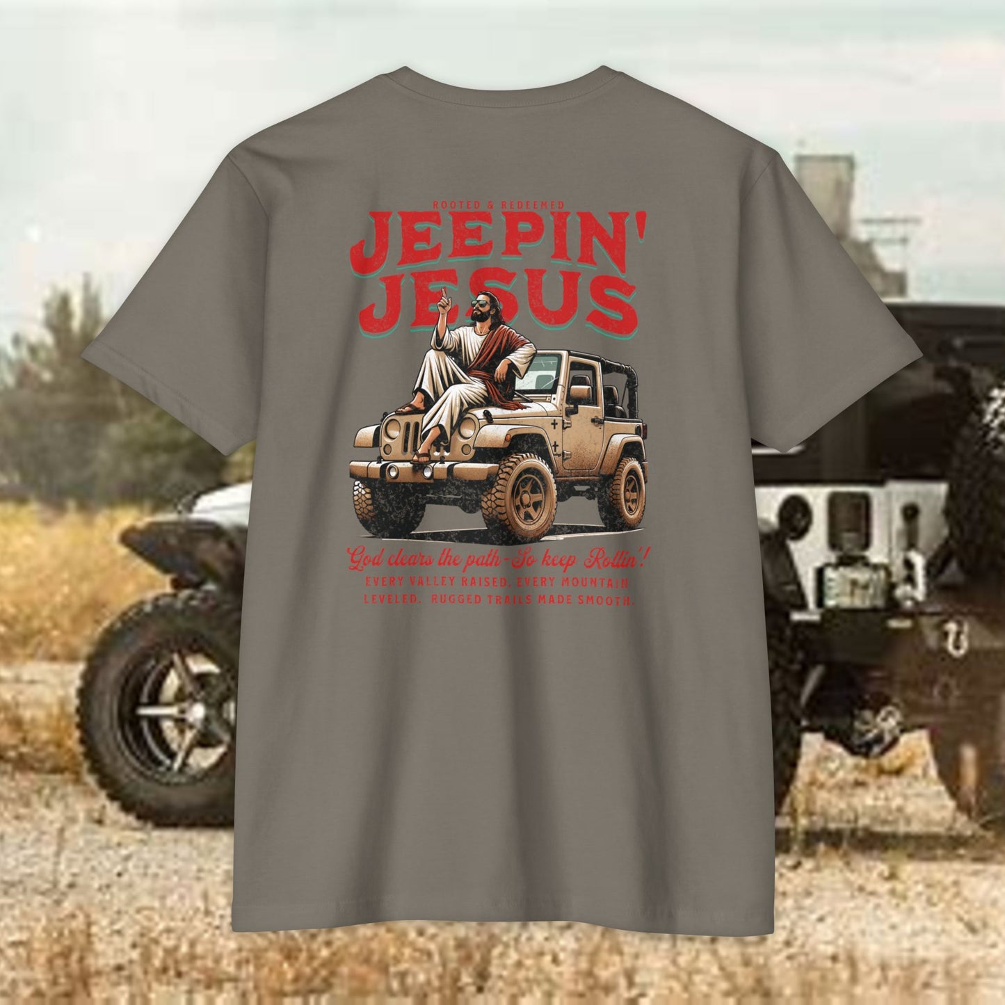 Jeepin' with Jesus Unisex Jersey T-Shirt, Inspirational Faith T-Shirt, Christian Adventure Tee, Perfect for Road Trips and Holidays