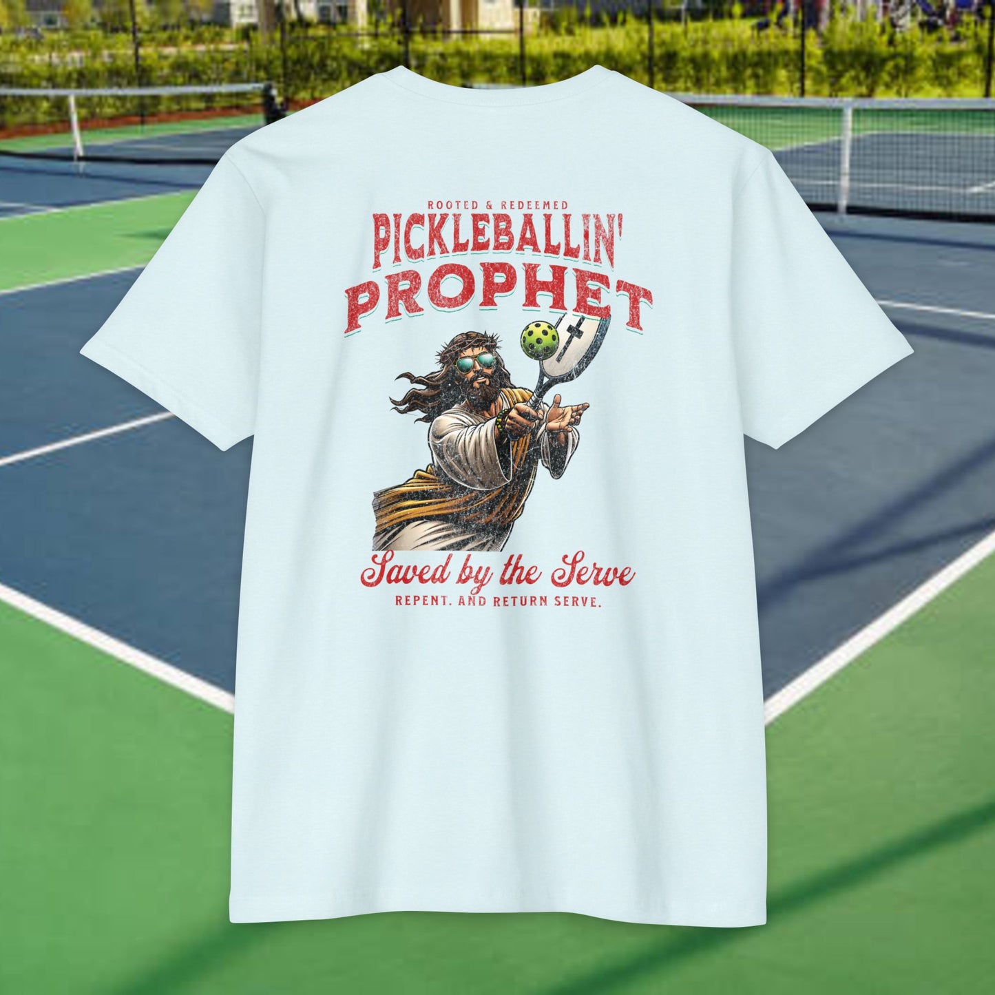 Pickleballin’ with Jesus Tee Back – Funny Christian T-Shirt – Next Level 6210
