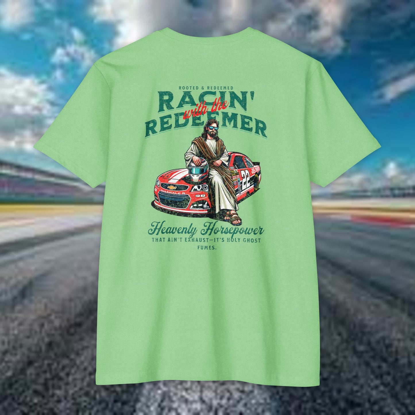 NASCAR Racing Redeemer T-Shirt Indy Car, Unisex Graphic Tee for Race Lovers, Car Enthusiasts,Racing Apparel, Spiritual Racing Shirt