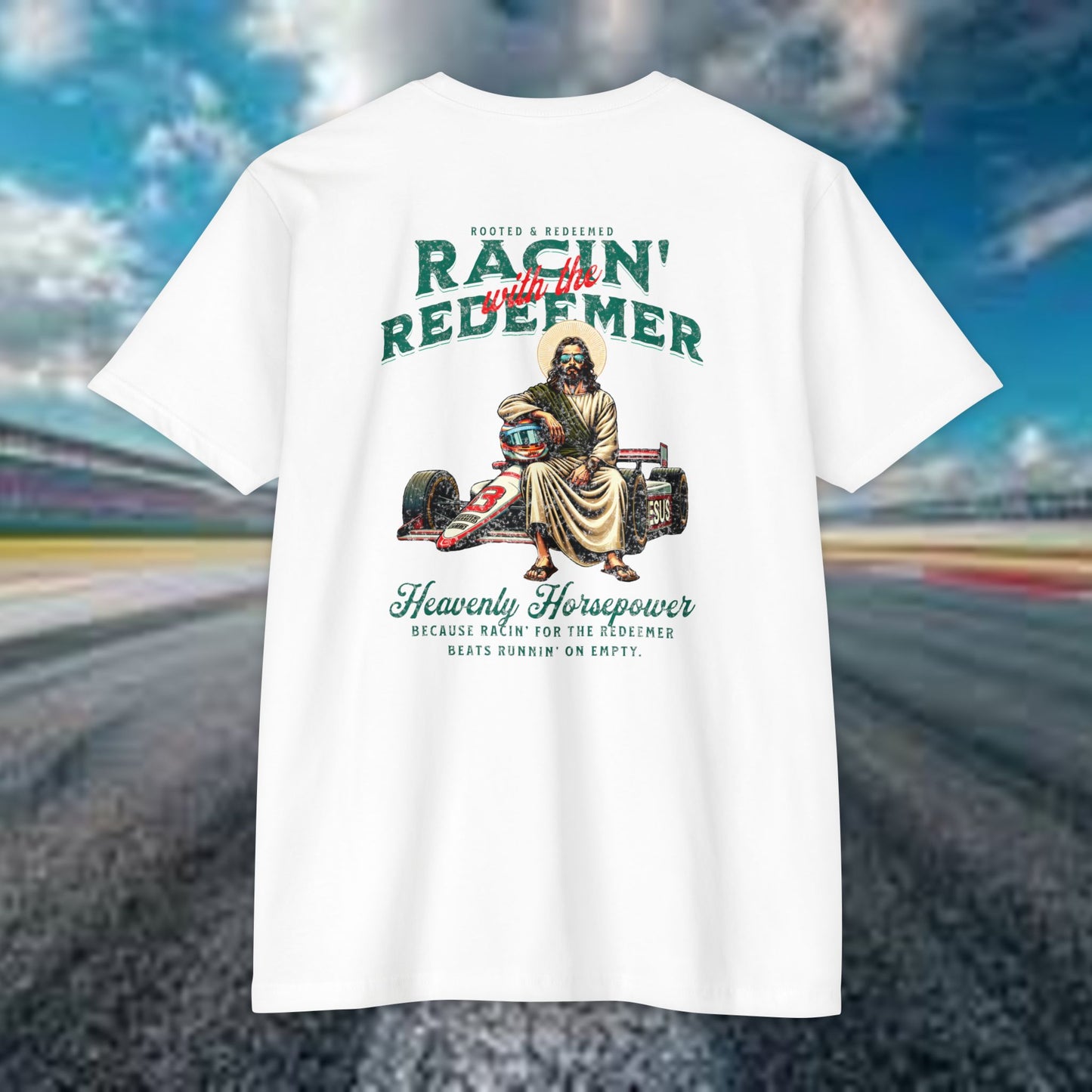 INDY CAR Racing Redeemer T-Shirt, Unisex Graphic Tee for Race Lovers, Gifts for Car Enthusiasts, Retro Racing Apparel, Spiritual Racing Shirt