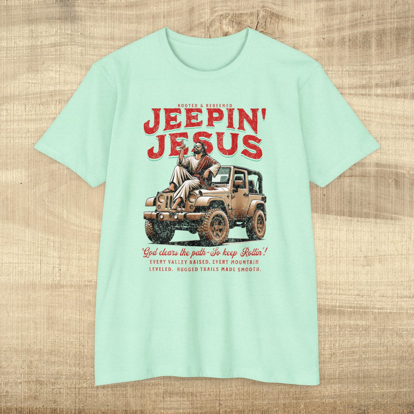 Front image only-Jeepin' with Jesus Unisex Jersey T-Shirt, Inspirational Faith T-Shirt, Christian Adventure Tee, Perfect for Road Trips and Holidays