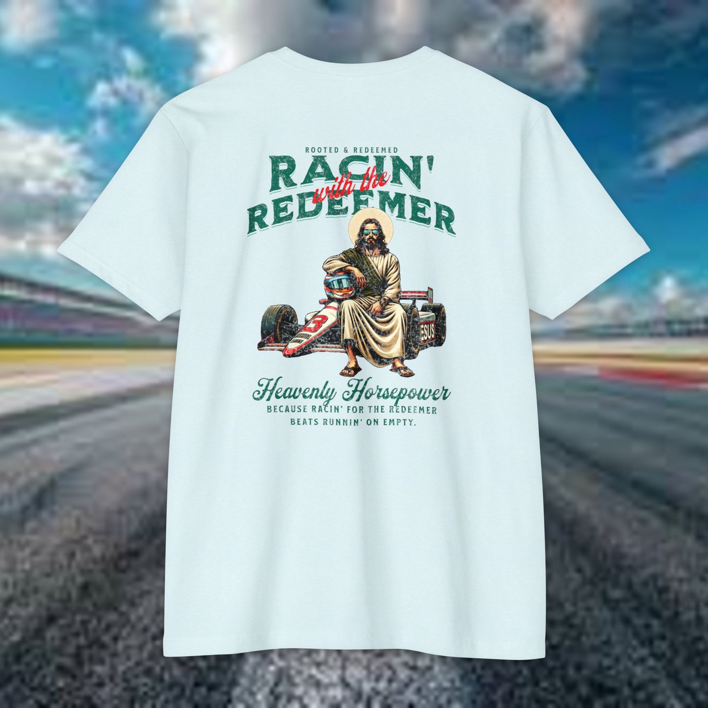 INDY CAR Racing Redeemer T-Shirt, Unisex Graphic Tee for Race Lovers, Gifts for Car Enthusiasts, Retro Racing Apparel, Spiritual Racing Shirt
