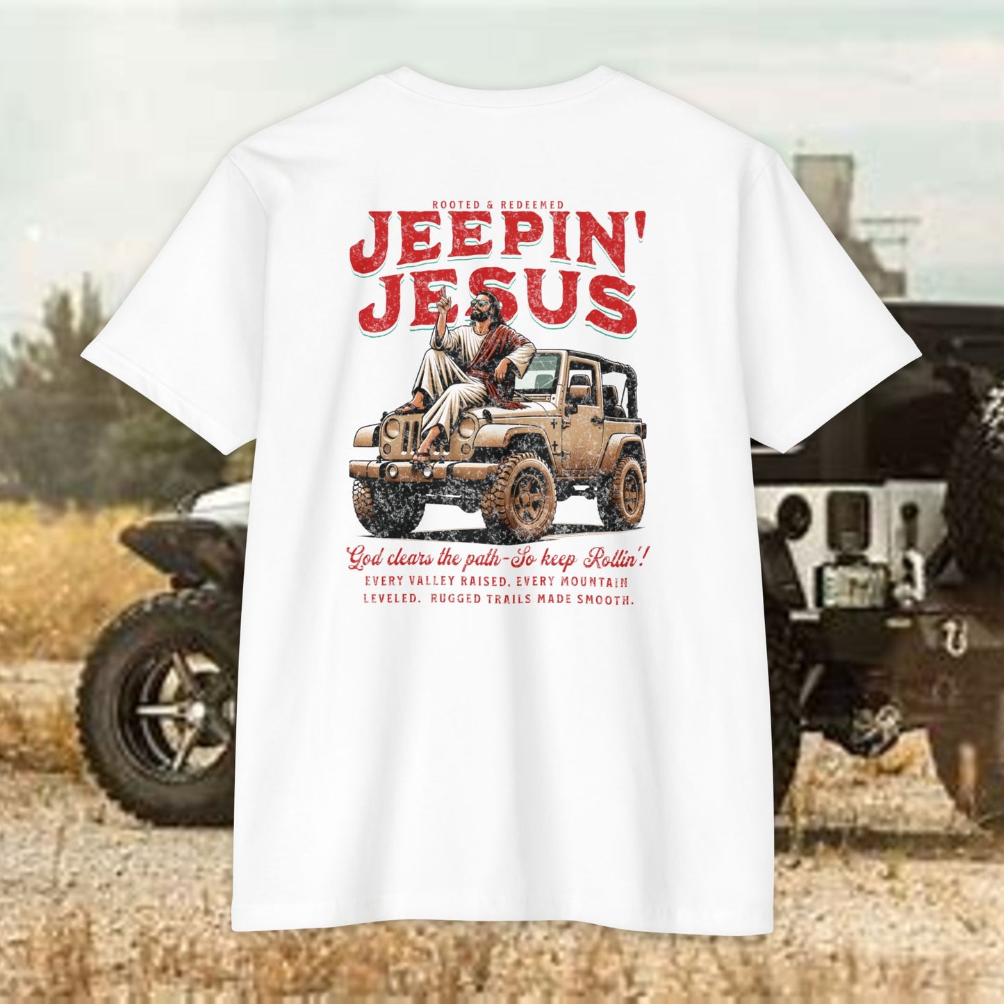 Jeepin' with Jesus Unisex Jersey T-Shirt, Inspirational Faith T-Shirt, Christian Adventure Tee, Perfect for Road Trips and Holidays