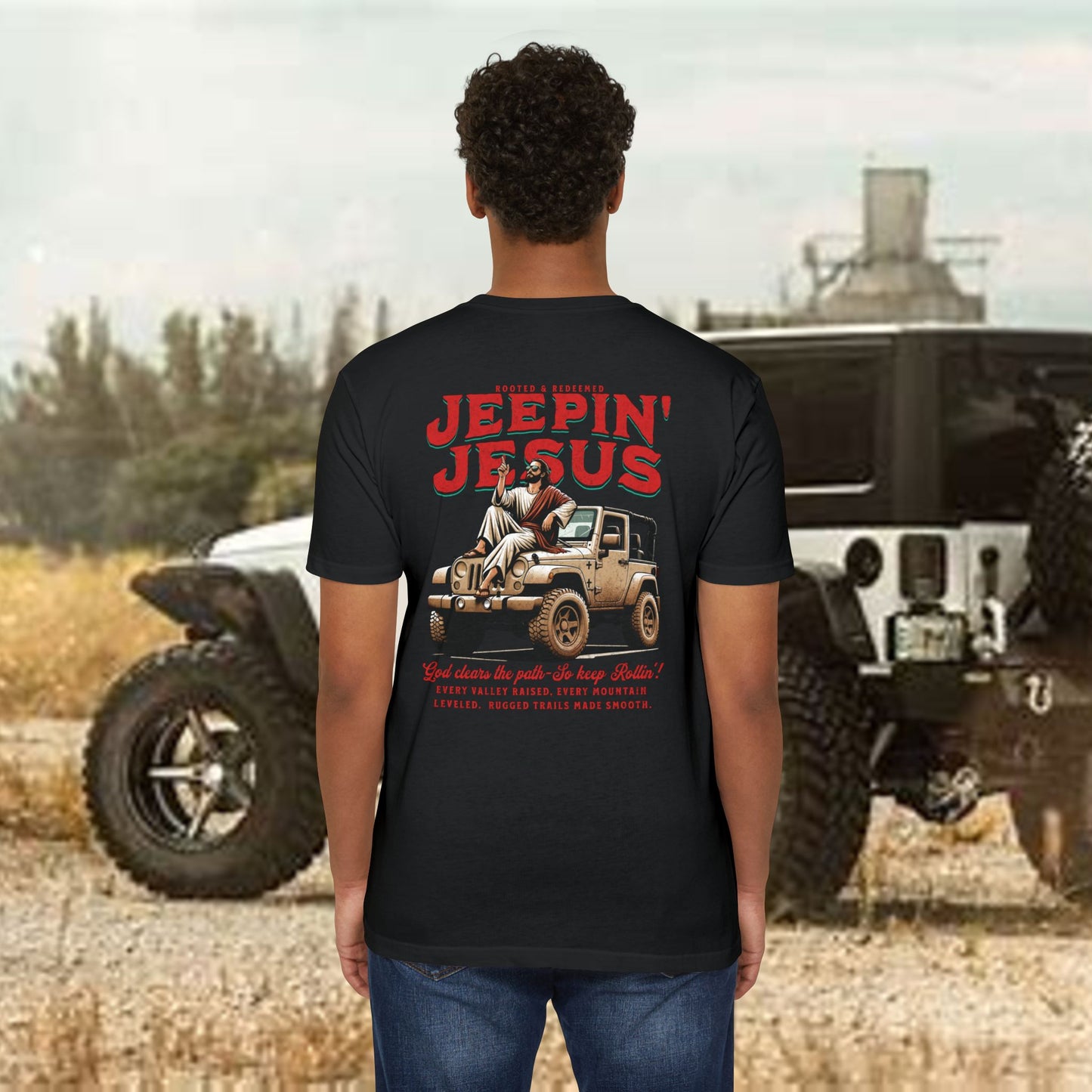 Jeepin' with Jesus Unisex Jersey T-Shirt, Inspirational Faith T-Shirt, Christian Adventure Tee, Perfect for Road Trips and Holidays