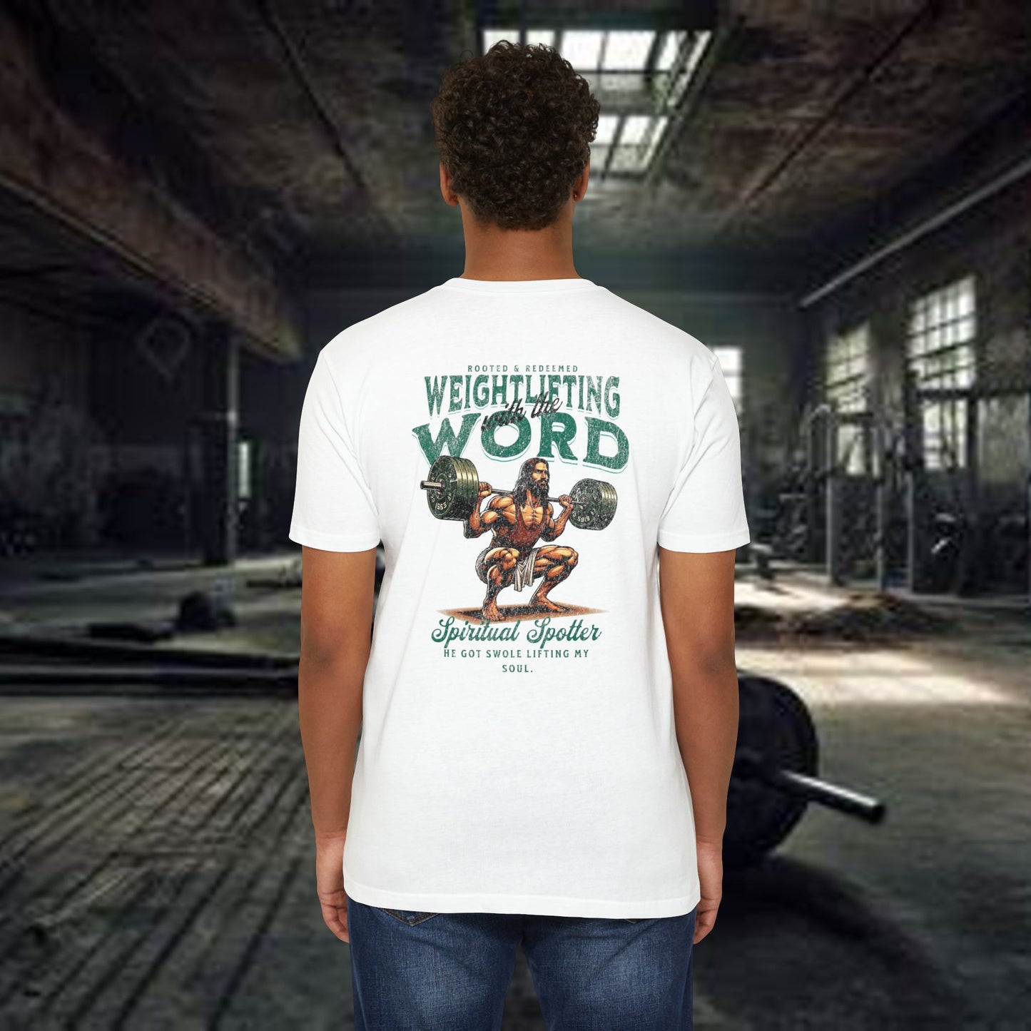 "Weightlifting with the Word" – Spiritual Spotter Tee (Next Level 6210)