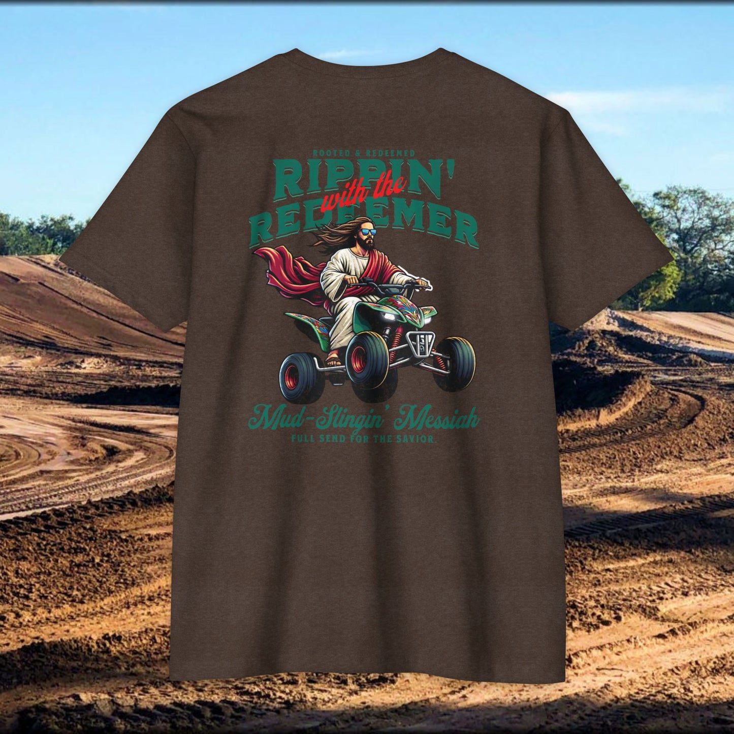 Rippin' Redeemer,  ATV Racing,  Quad, 4-wheeler, Jesus, Unisex CVC Jersey T-Shirt - Mud Slingin' Messiah Design