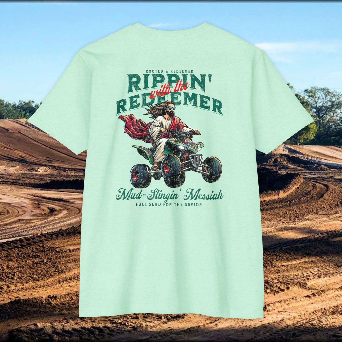 Rippin' Redeemer,  ATV Racing,  Quad, 4-wheeler, Jesus, Unisex CVC Jersey T-Shirt - Mud Slingin' Messiah Design