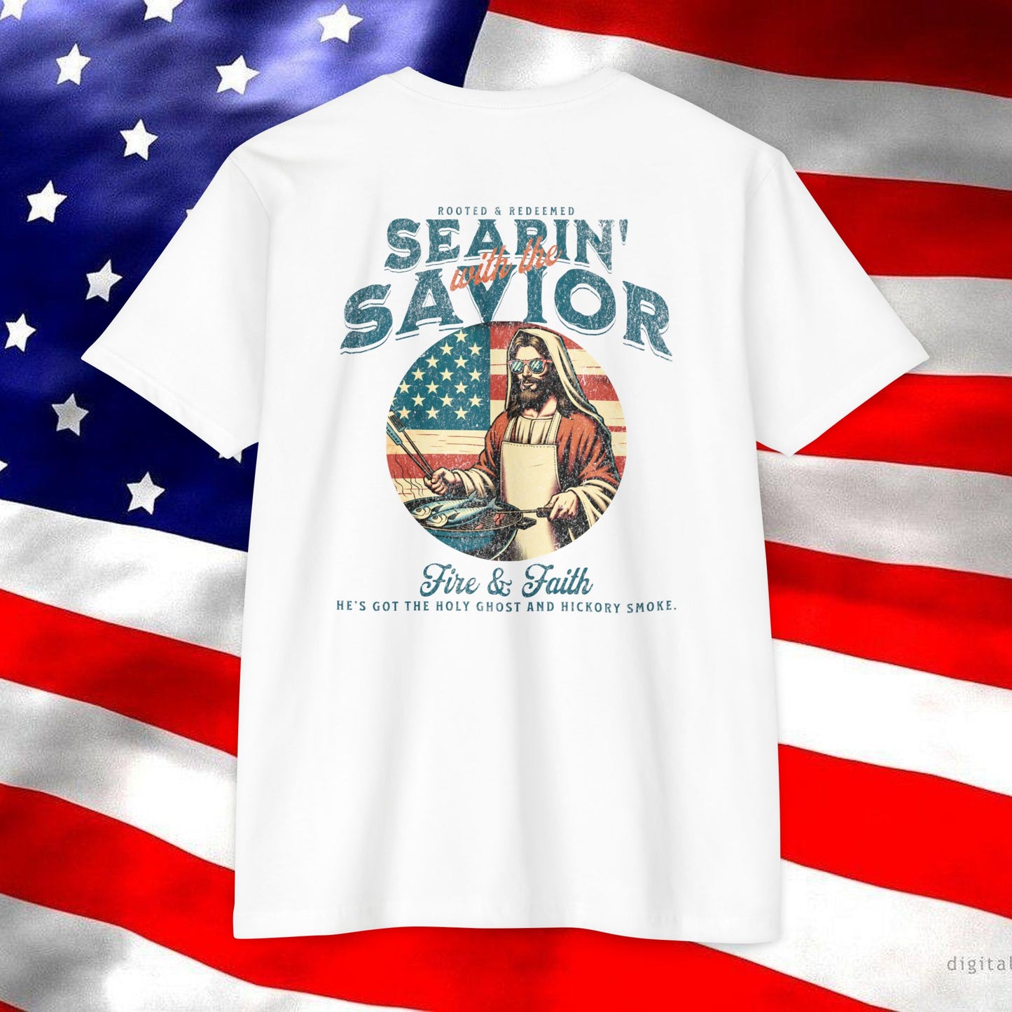 Searin’ with the Savior – Fire & Faith Tee (Next Level 6210)