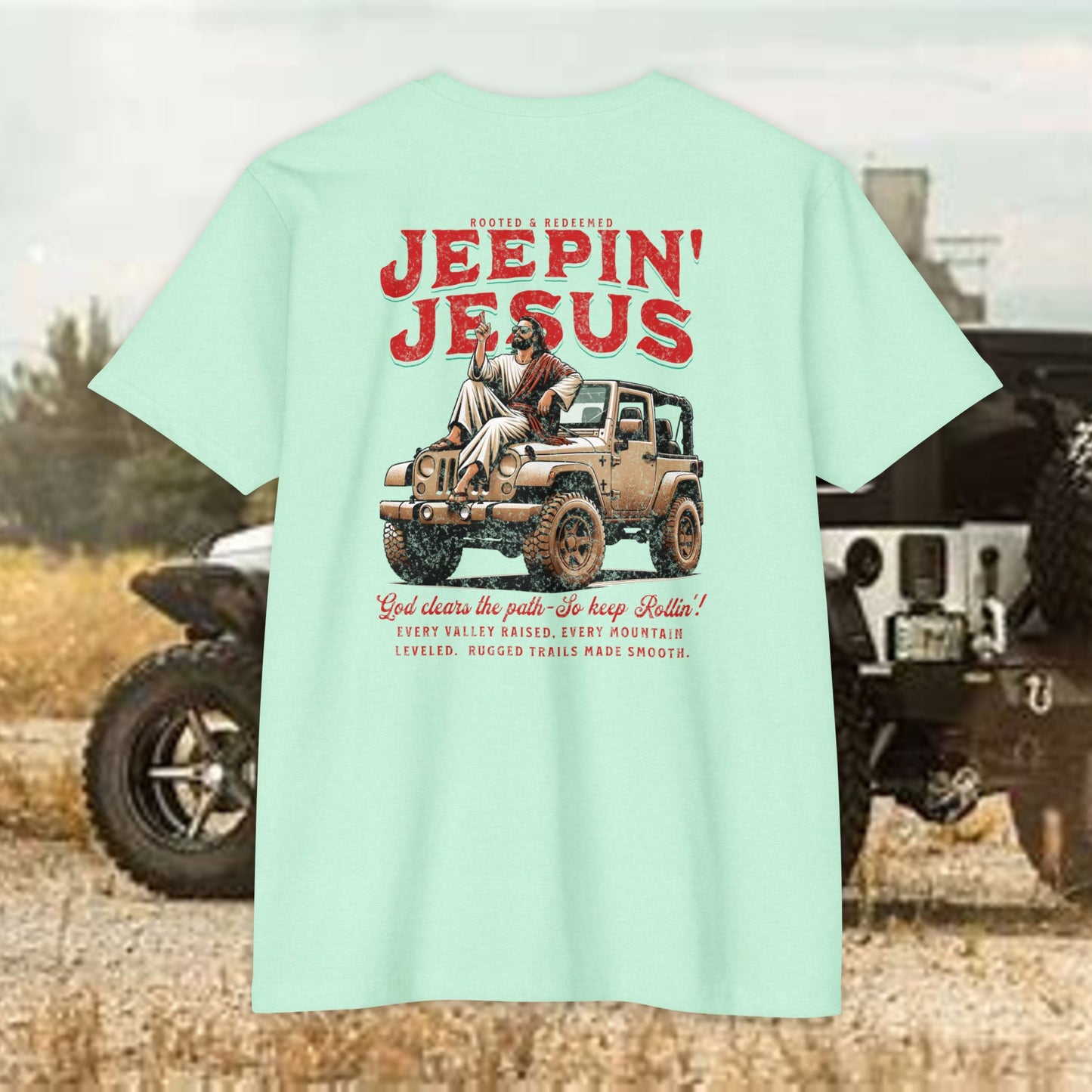 Jeepin' with Jesus Unisex Jersey T-Shirt, Inspirational Faith T-Shirt, Christian Adventure Tee, Perfect for Road Trips and Holidays