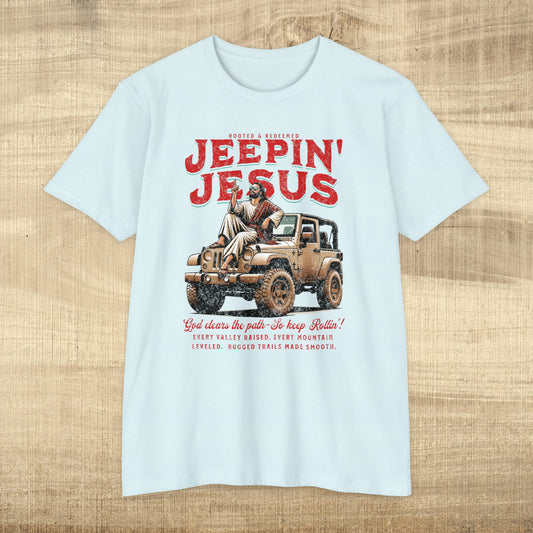 Front image only-Jeepin' with Jesus Unisex Jersey T-Shirt, Inspirational Faith T-Shirt, Christian Adventure Tee, Perfect for Road Trips and Holidays