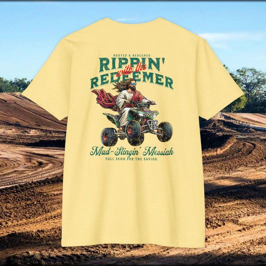 Rippin' Redeemer,  ATV Racing,  Quad, 4-wheeler, Jesus, Unisex CVC Jersey T-Shirt - Mud Slingin' Messiah Design