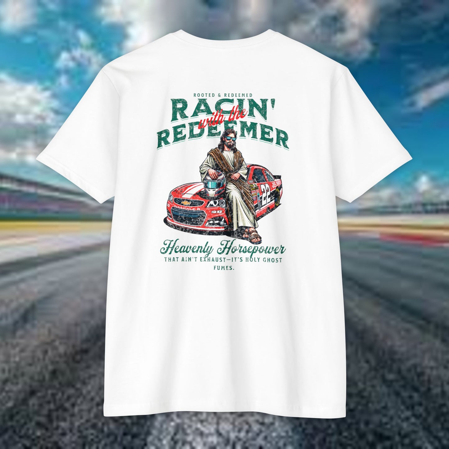 NASCAR Racing Redeemer T-Shirt Indy Car, Unisex Graphic Tee for Race Lovers, Car Enthusiasts,Racing Apparel, Spiritual Racing Shirt