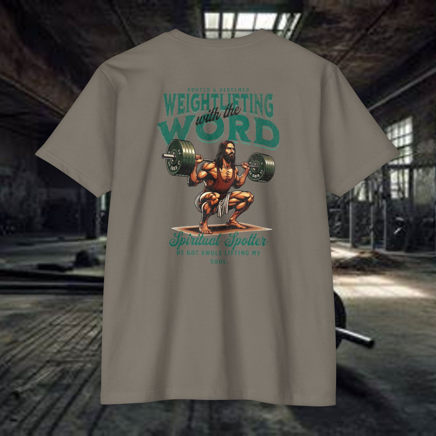 "Weightlifting with the Word" – Spiritual Spotter Tee (Next Level 6210)