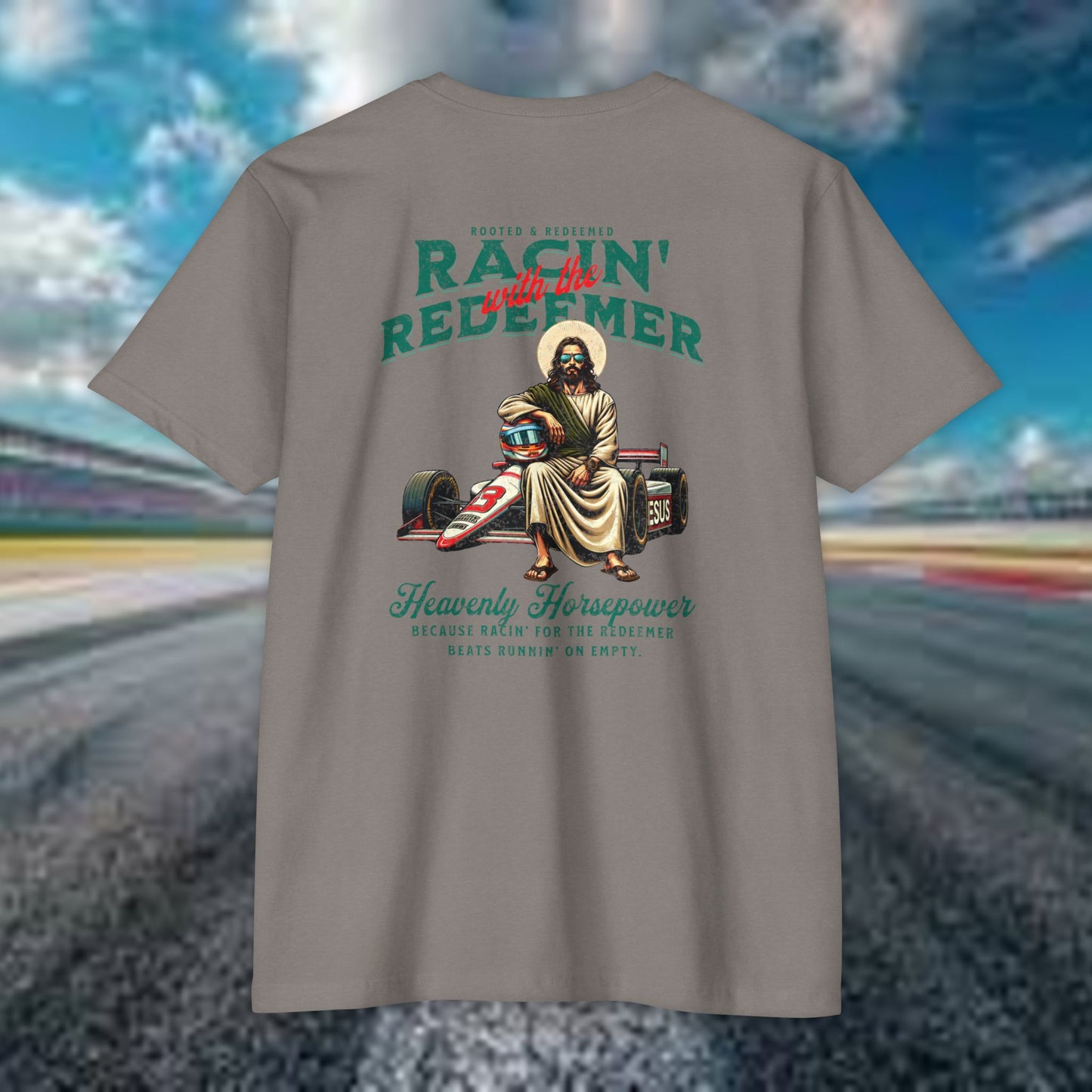 INDY CAR Racing Redeemer T-Shirt, Unisex Graphic Tee for Race Lovers, Gifts for Car Enthusiasts, Retro Racing Apparel, Spiritual Racing Shirt