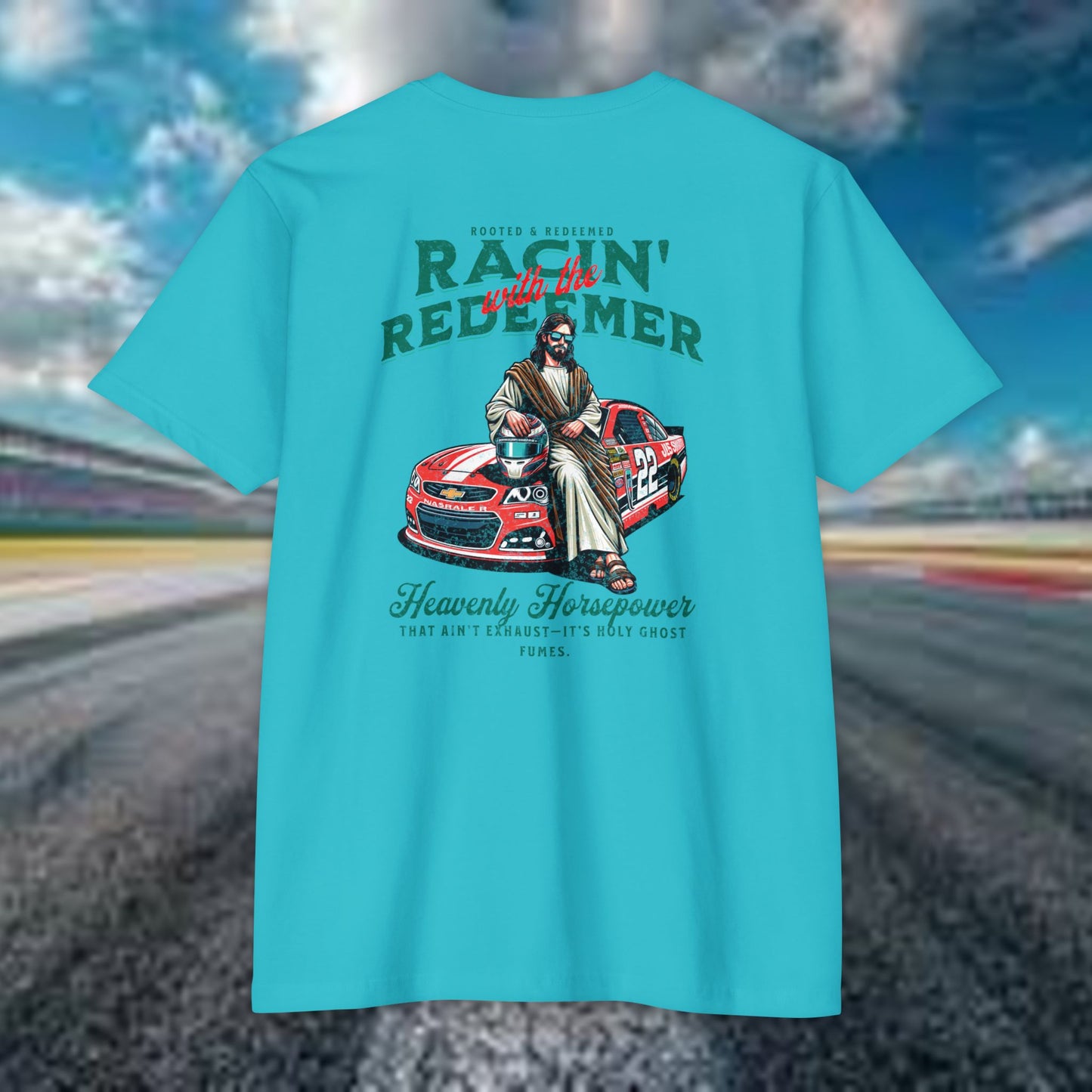 NASCAR Racing Redeemer T-Shirt Indy Car, Unisex Graphic Tee for Race Lovers, Car Enthusiasts,Racing Apparel, Spiritual Racing Shirt