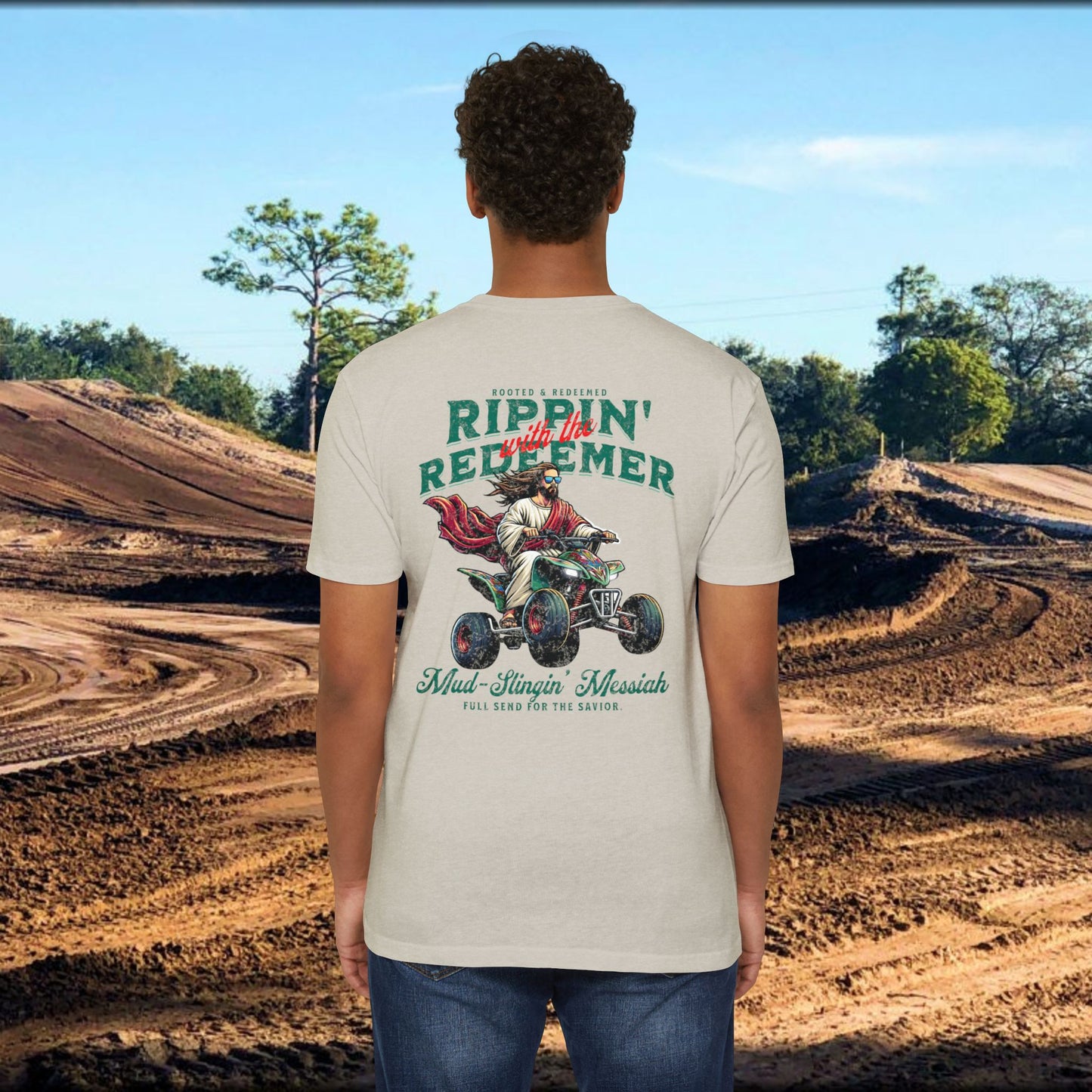 Rippin' Redeemer,  ATV Racing,  Quad, 4-wheeler, Jesus, Unisex CVC Jersey T-Shirt - Mud Slingin' Messiah Design
