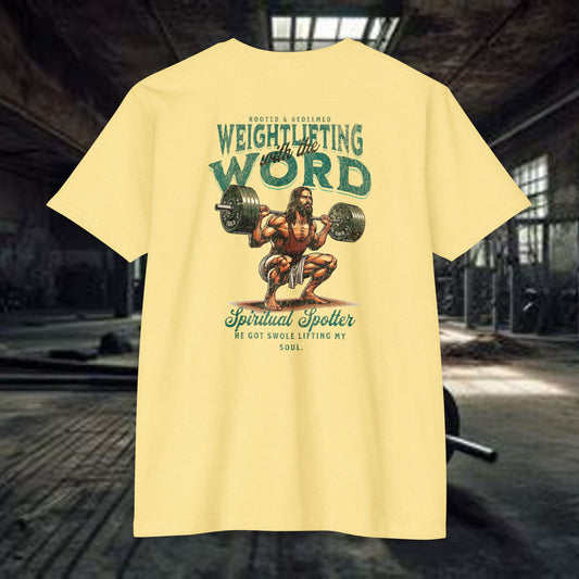"Weightlifting with the Word" – Spiritual Spotter Tee (Next Level 6210)