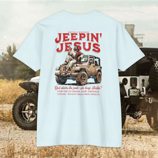Jeepin' with Jesus Unisex Jersey T-Shirt, Inspirational Faith T-Shirt, Christian Adventure Tee, Perfect for Road Trips and Holidays
