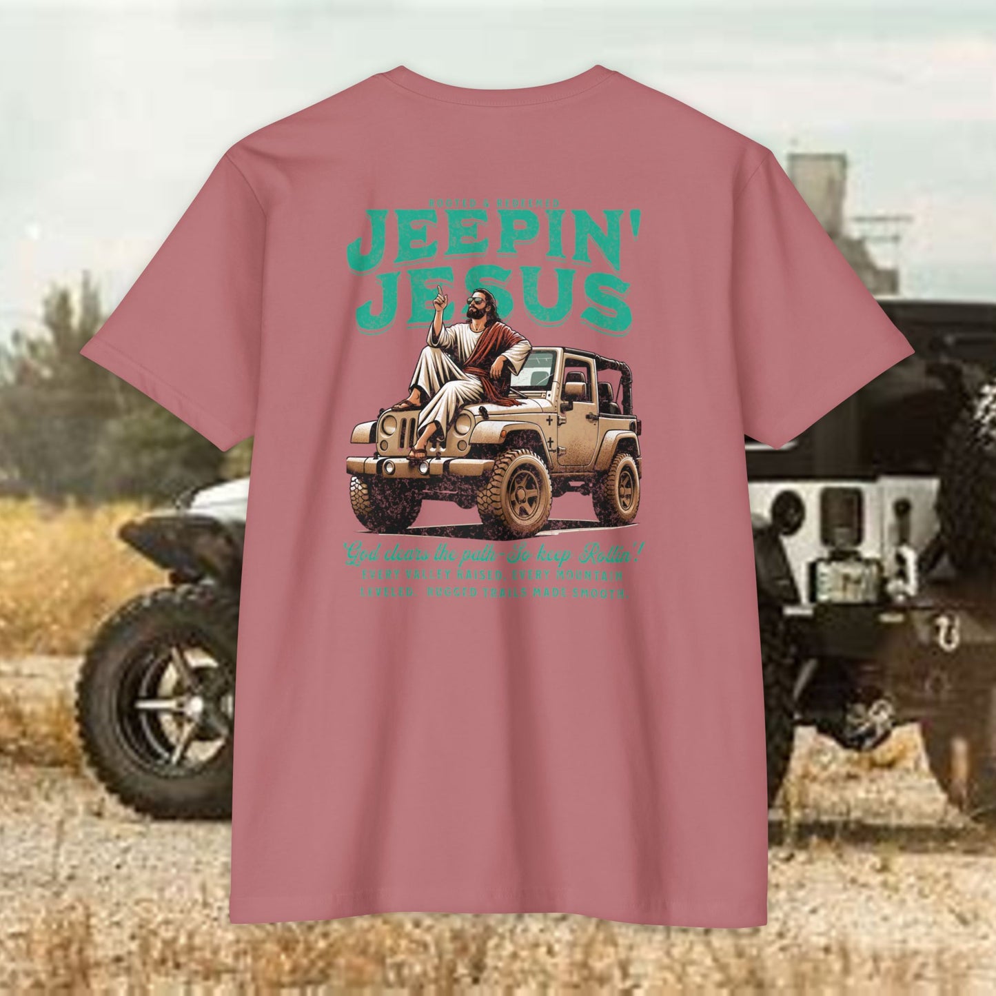Jeepin' with Jesus Unisex Jersey T-Shirt, Inspirational Faith T-Shirt, Christian Adventure Tee, Perfect for Road Trips and Holidays