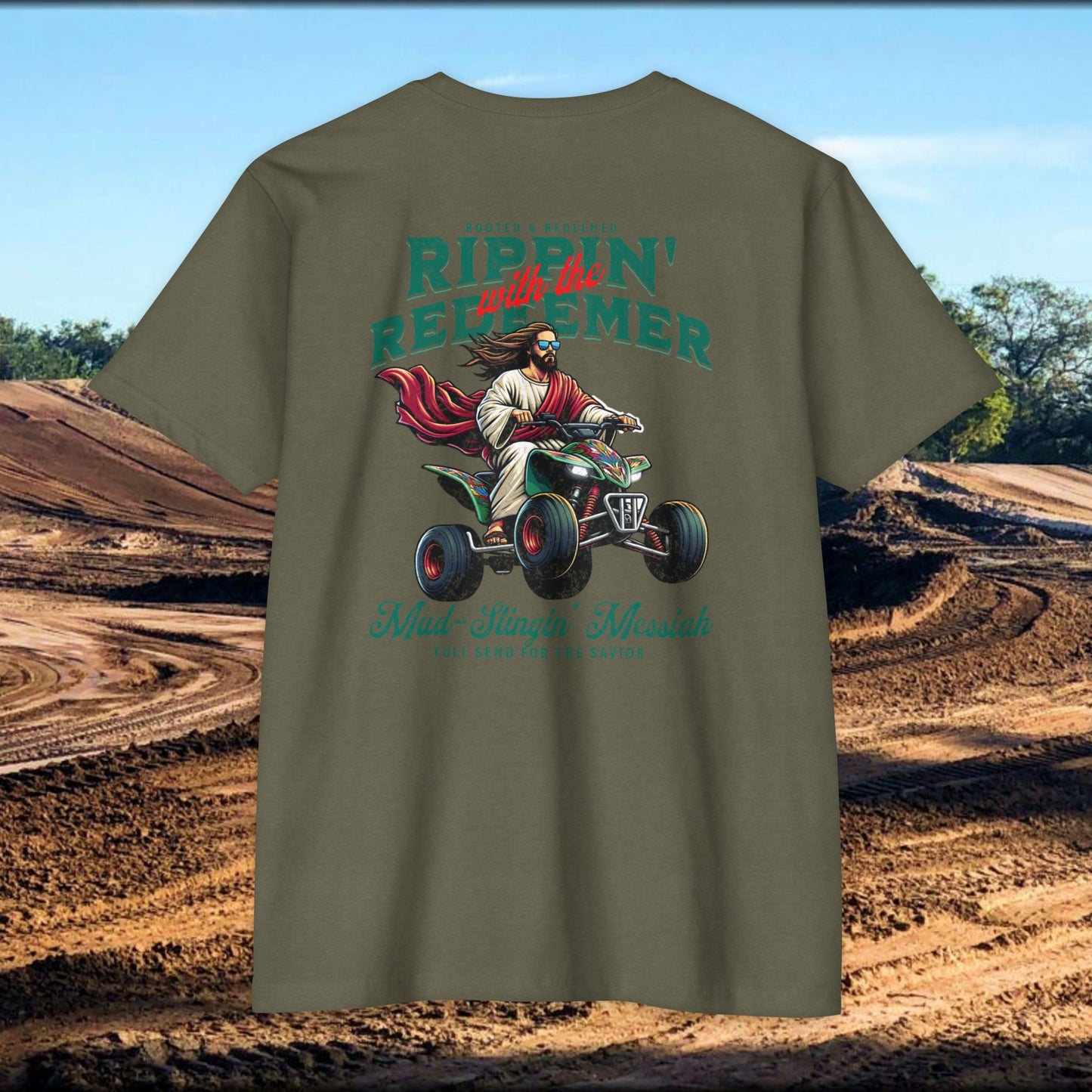 Rippin' Redeemer,  ATV Racing,  Quad, 4-wheeler, Jesus, Unisex CVC Jersey T-Shirt - Mud Slingin' Messiah Design